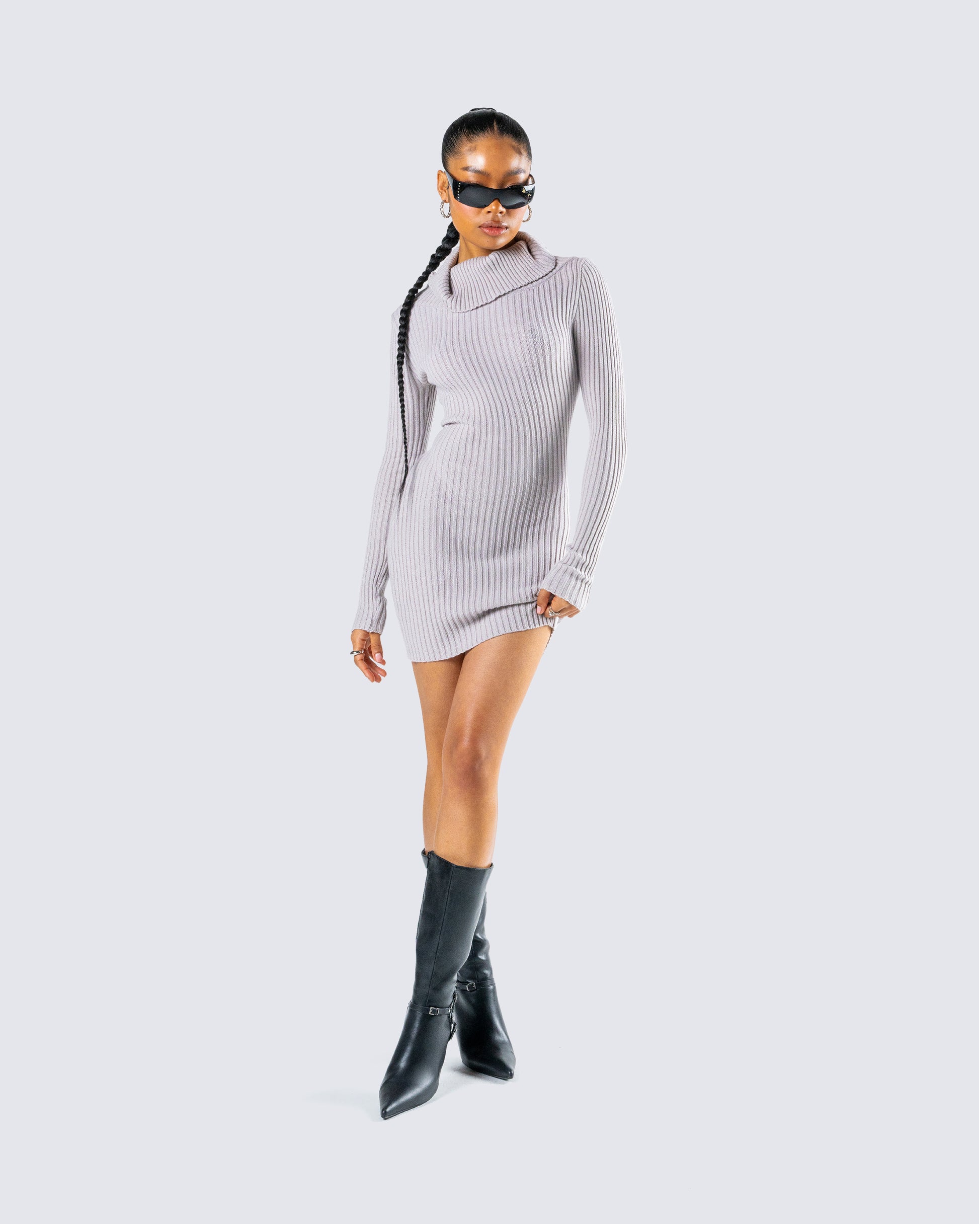 Grey Cowl Neck Sweater Dress - Ribbed Knit Mini FINESSE Grey Cowl Neck Sweater Dress - Ribbed Knit Mini FINESSE