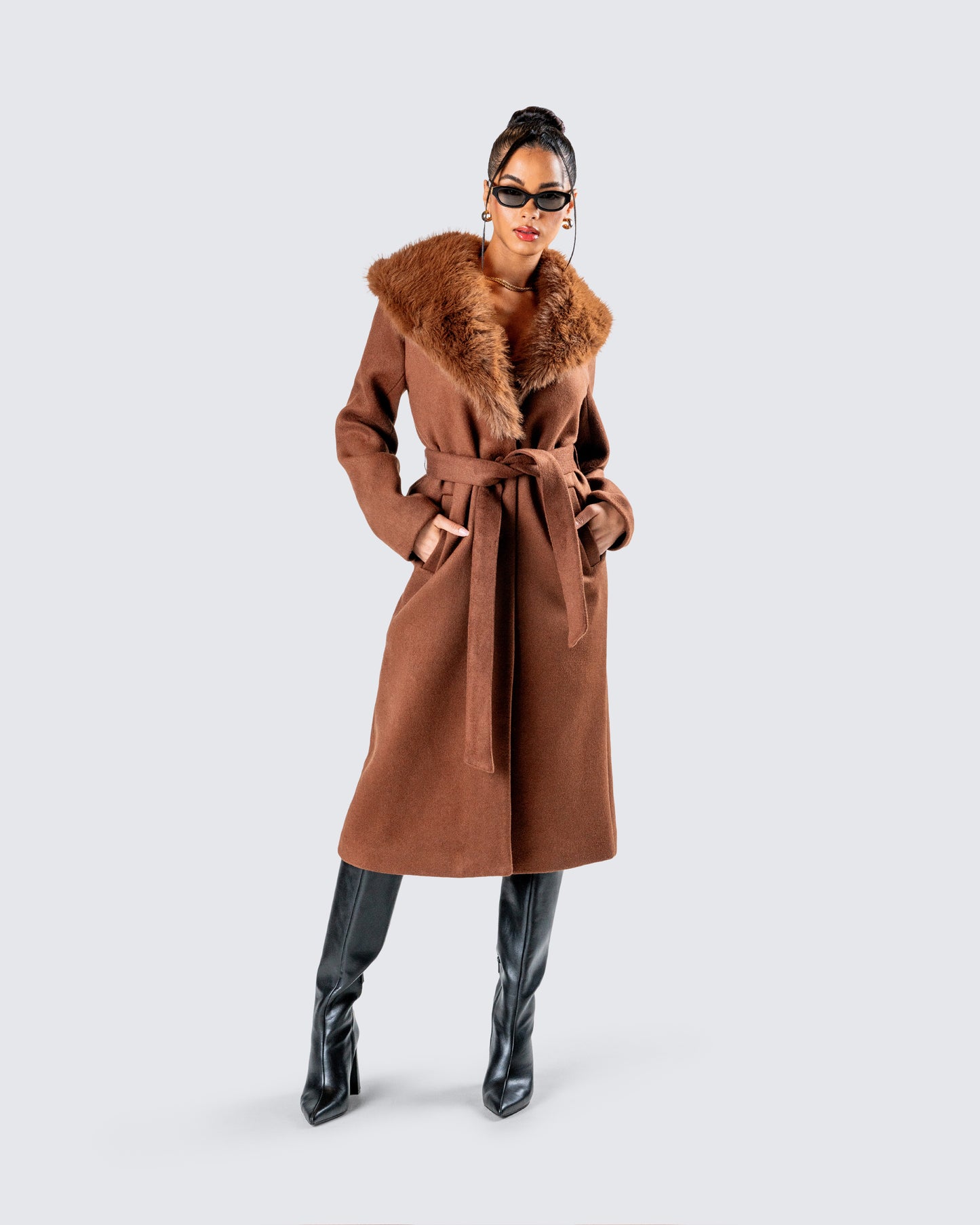 Hala Brown Faux Fur Trim Coat