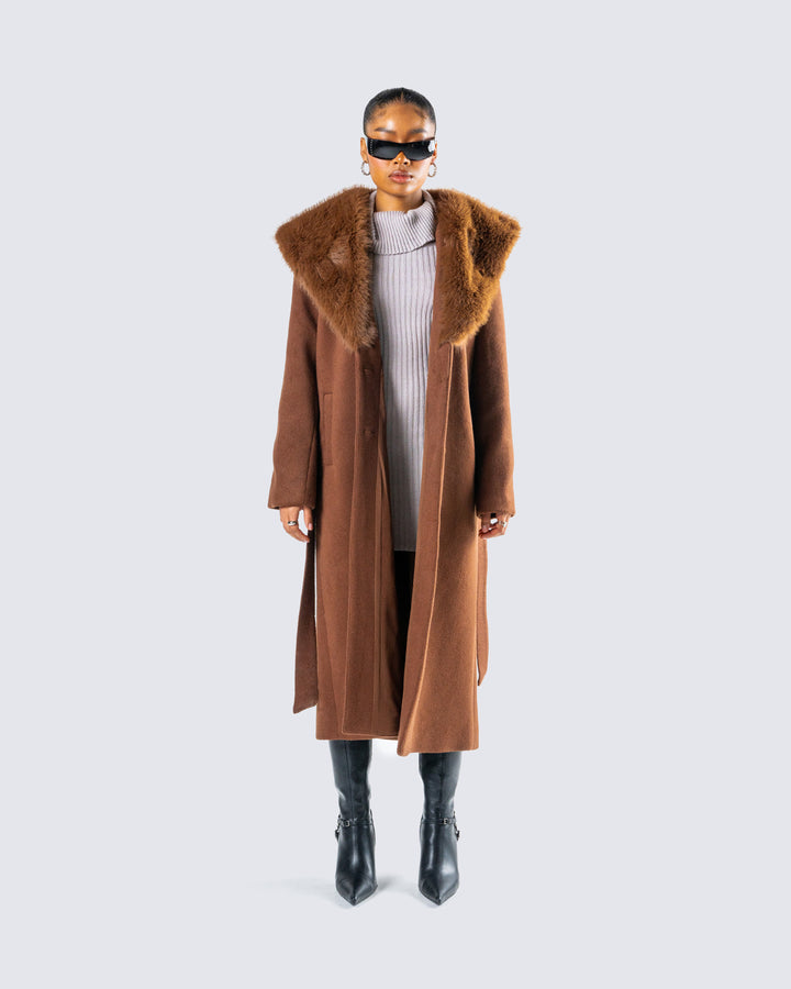 Hala Brown Faux Fur Trim Coat – FINESSE