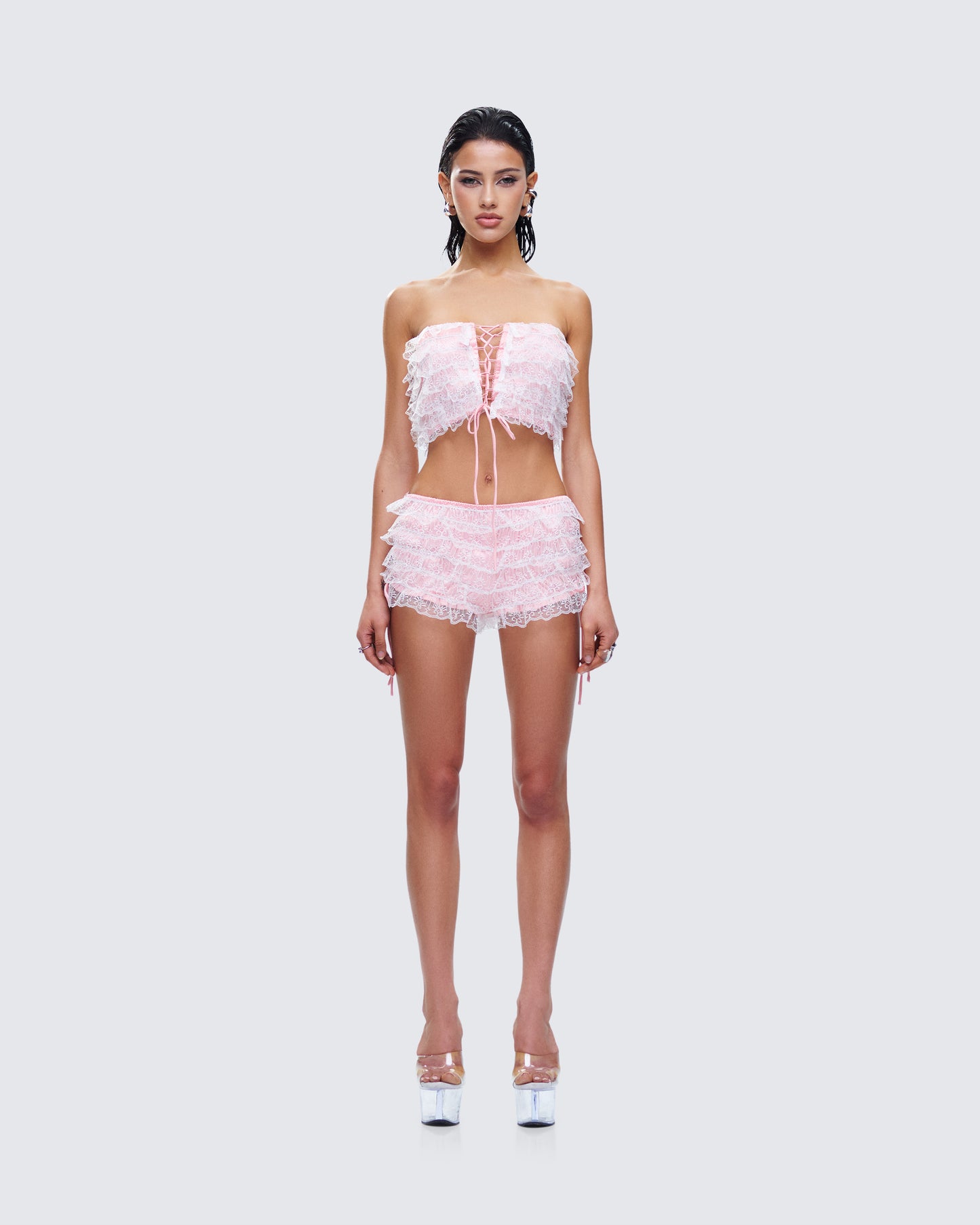 Hali Pink Lace Up Ruffle Set