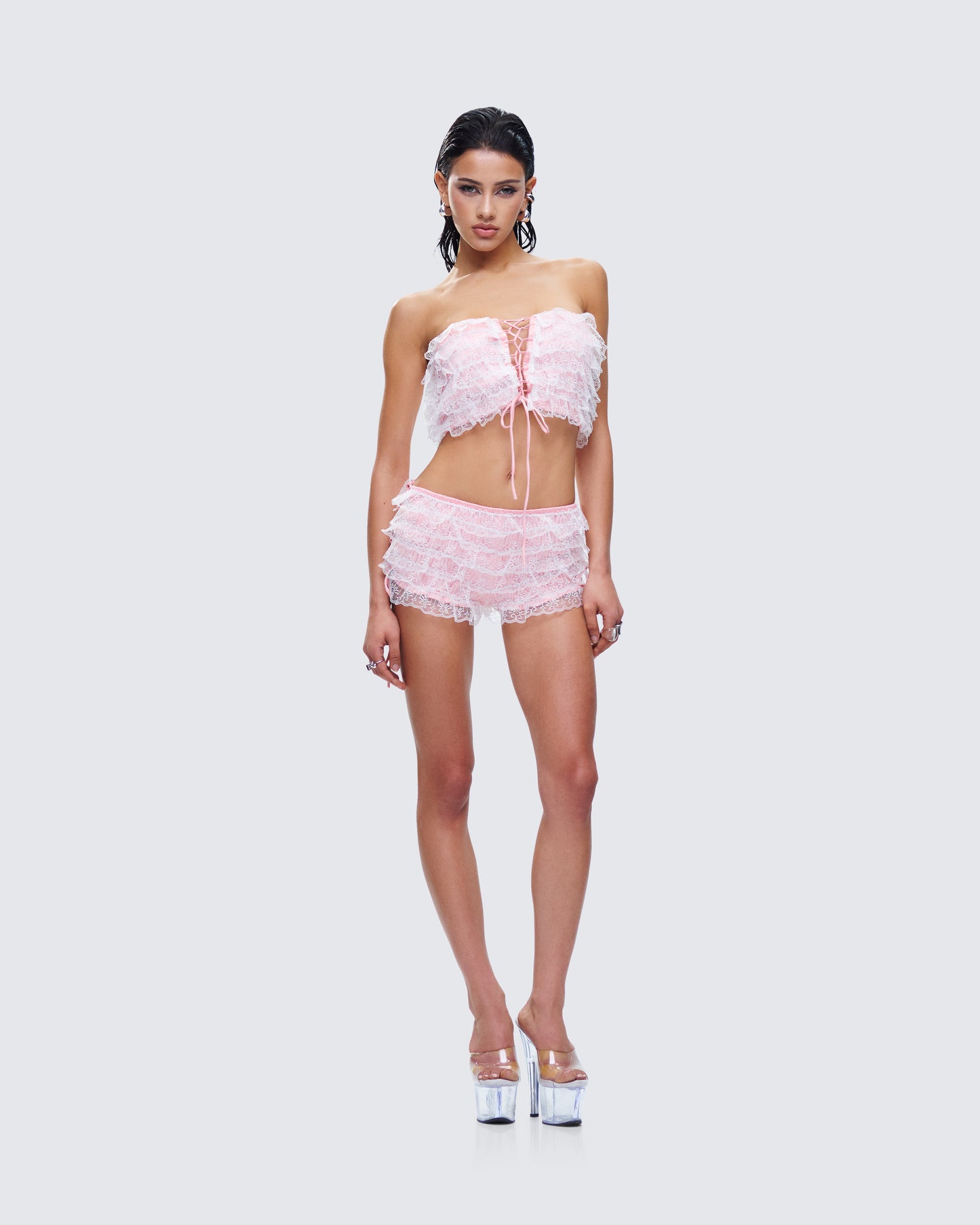 Hali Pink Lace Up Ruffle Set