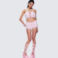 Hali Pink Lace Up Ruffle Strapless Crop Top