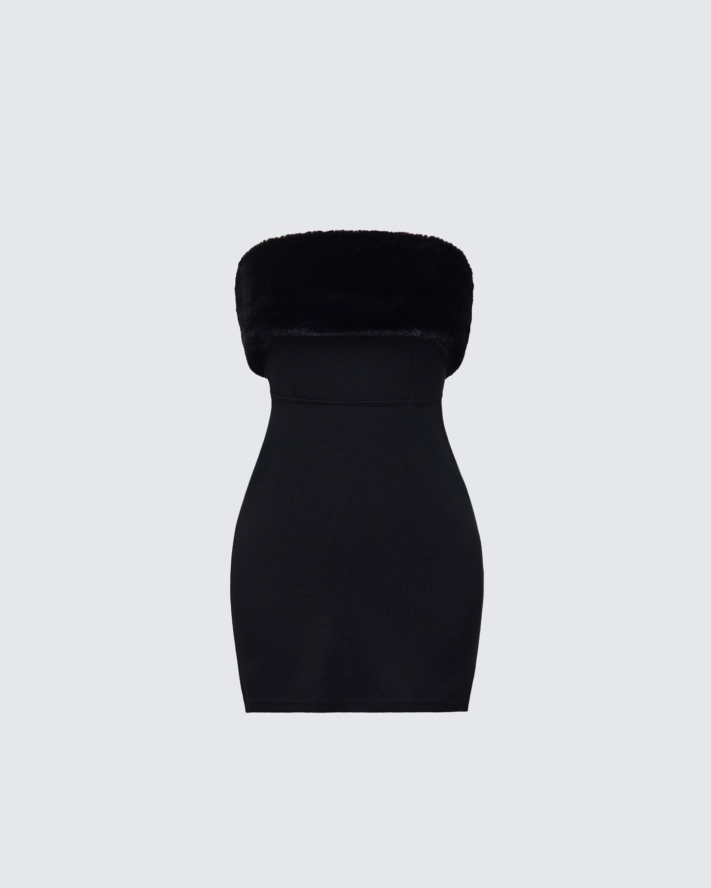 Black Mini Dress with Fur Trim - Strapless Bodycon FINESSE Black Mini Dress with Fur Trim - Strapless Bodycon FINESSE