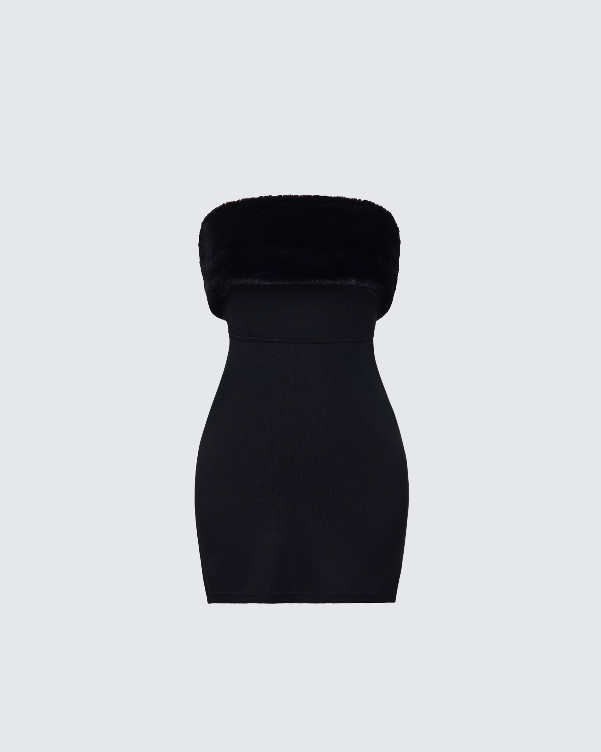 Black Mini Dress with Fur Trim - Strapless Bodycon FINESSE Black Mini Dress with Fur Trim - Strapless Bodycon FINESSE