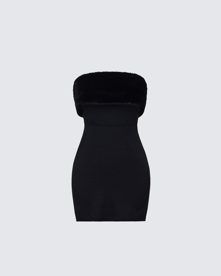 Black Mini Dress with Fur Trim - Strapless Bodycon FINESSE Black Mini Dress with Fur Trim - Strapless Bodycon FINESSE