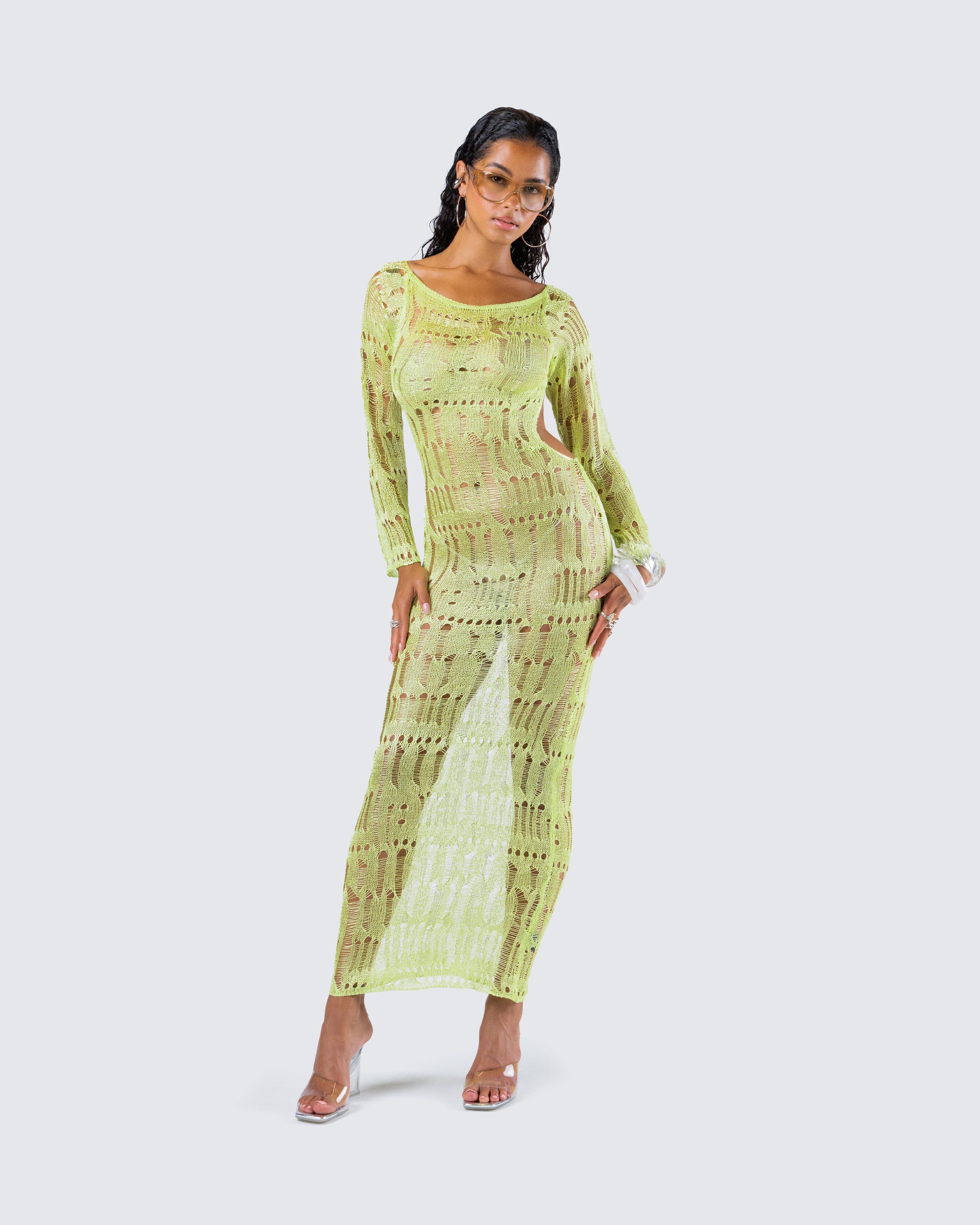 Green Sheer Sequin Maxi Dress - Long Sleeve Two-Piece FINESSE Green Sheer Sequin Maxi Dress - Long Sleeve Two-Piece FINESSE