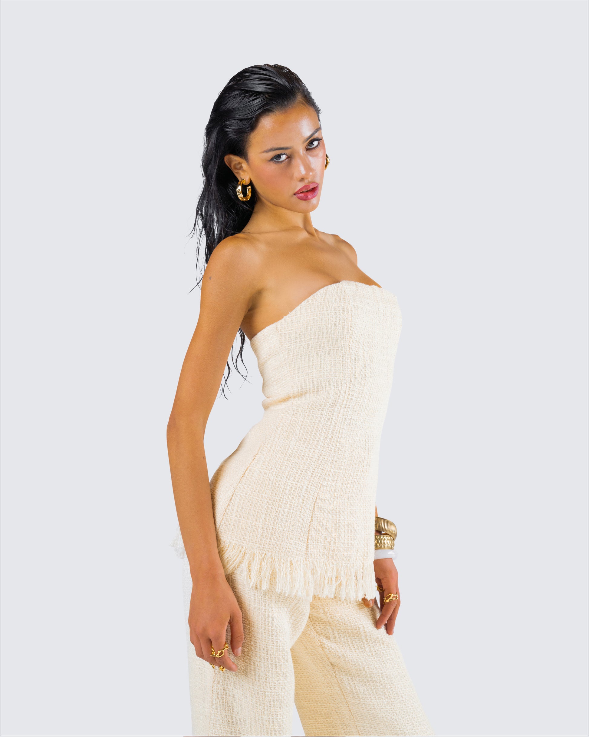 Ivory Tweed Two-Piece Set - Strapless Top + Wide Leg Pants FINESSE Ivory Tweed Two-Piece Set - Strapless Top + Wide Leg Pants FINESSE