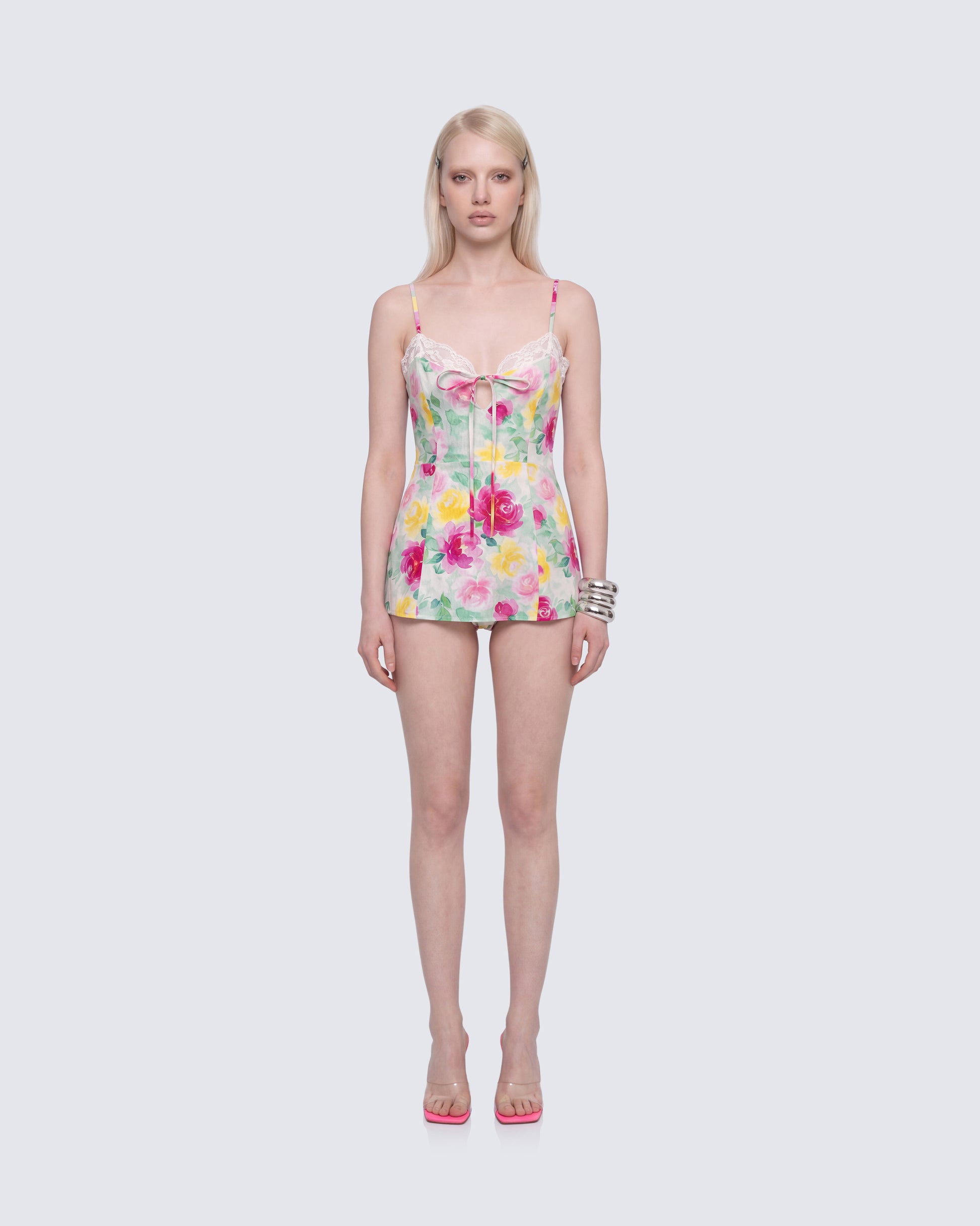 Heide Multi Printed Stretch Sateen Bodysuit Mini Dress model front