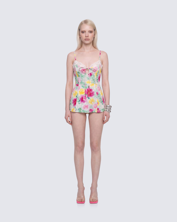 Heide Multi Printed Stretch Sateen Bodysuit Mini Dress model front