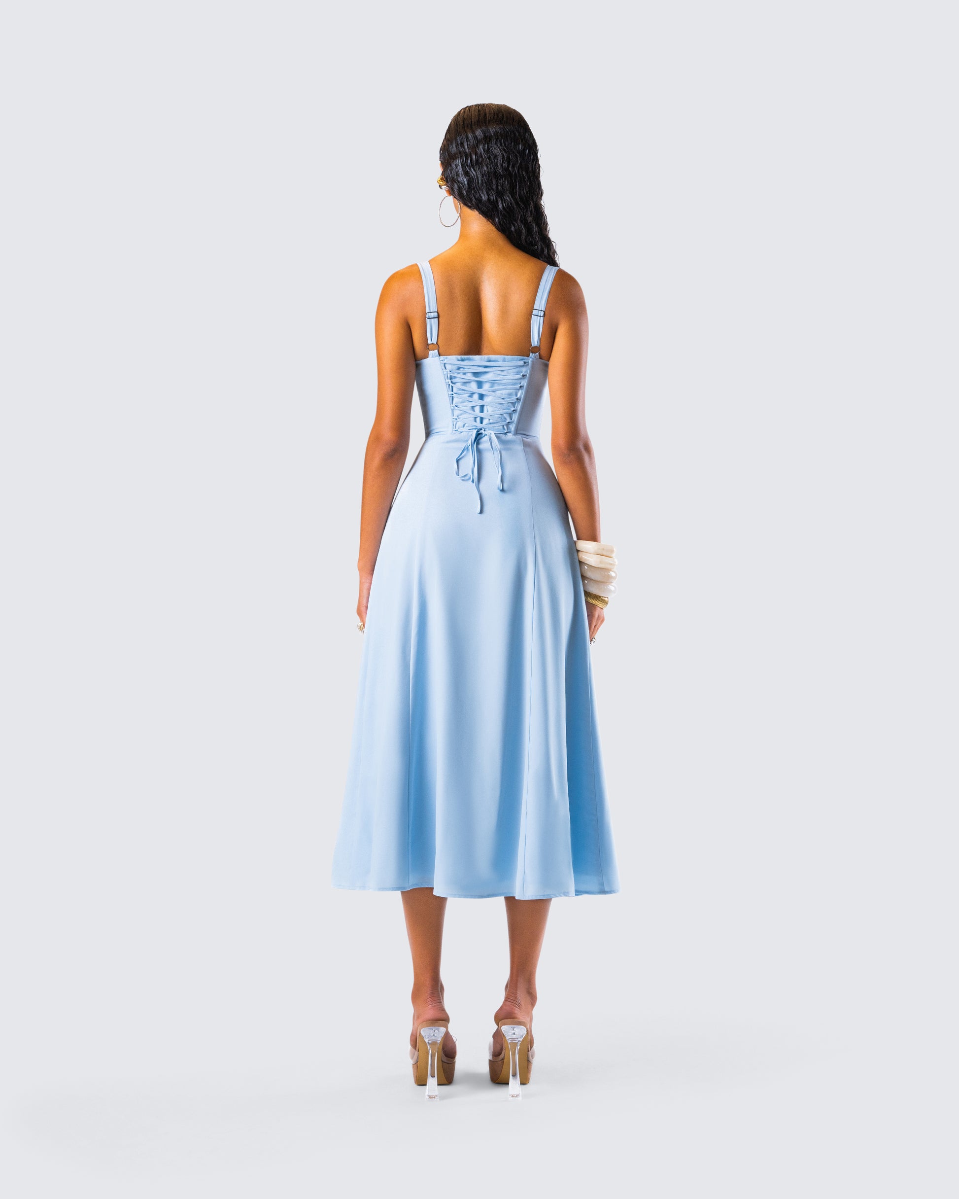 Blue Satin Midi Dress - Corset Bustier A-Line FINESSE Blue Satin Midi Dress - Corset Bustier A-Line FINESSE