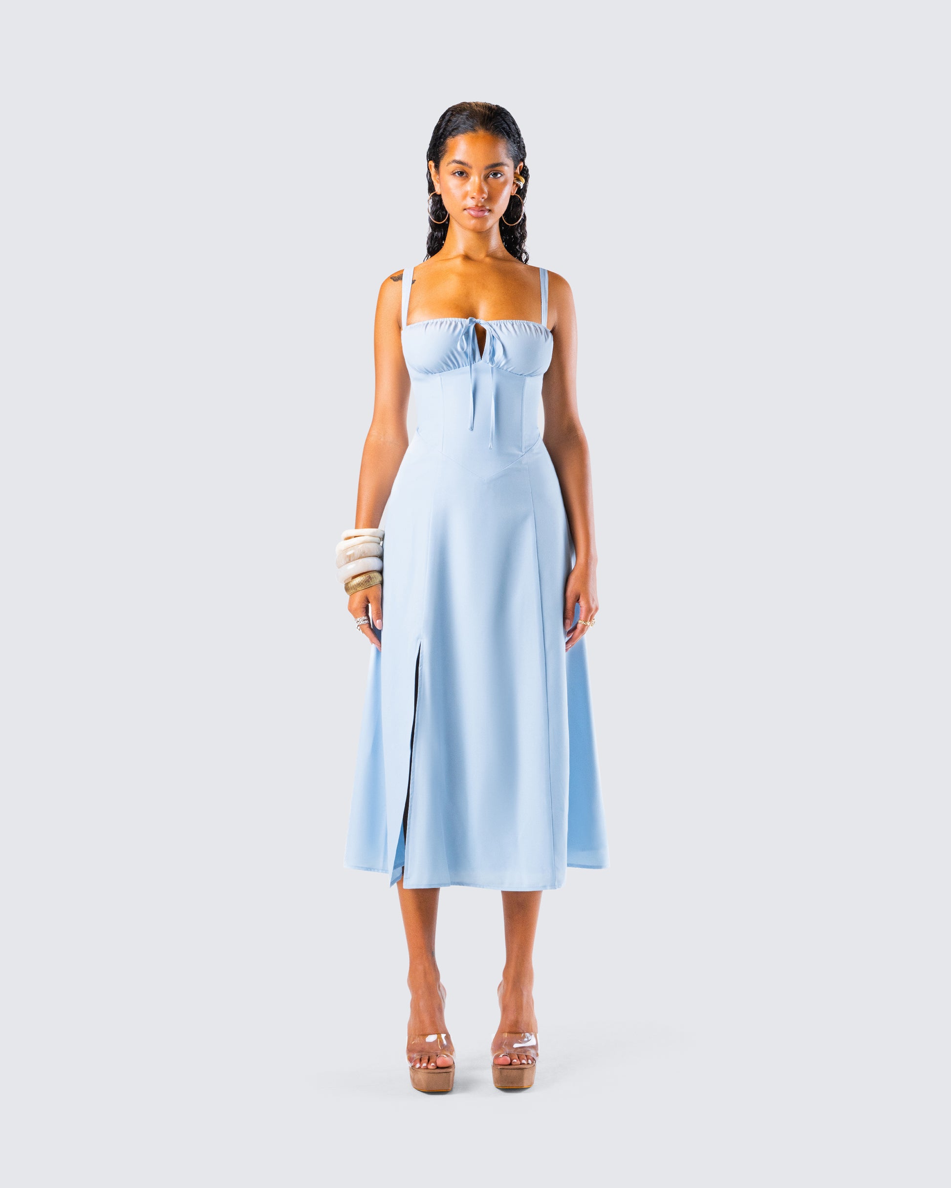 Blue Satin Midi Dress - Corset Bustier A-Line FINESSE Blue Satin Midi Dress - Corset Bustier A-Line FINESSE