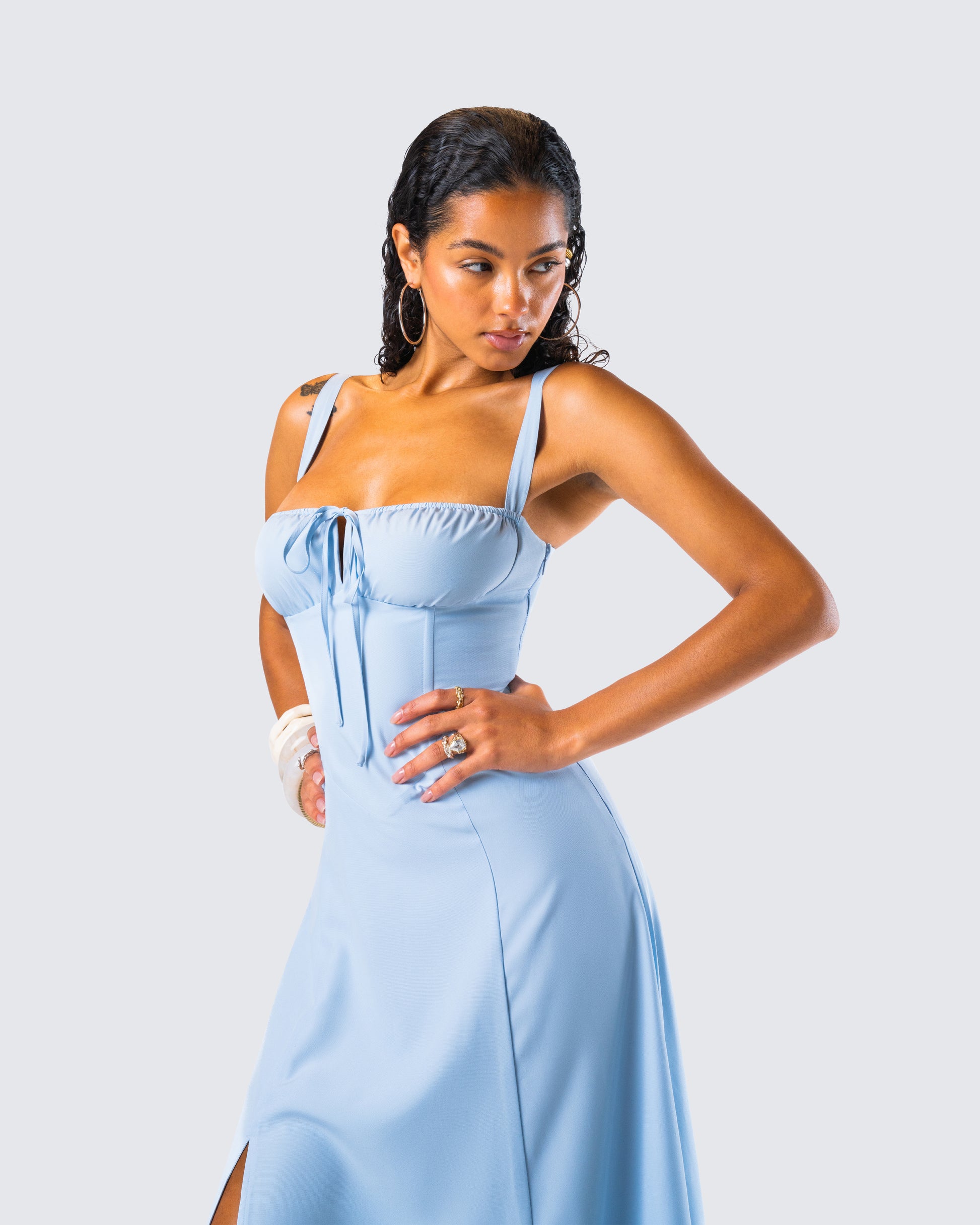 Blue Satin Midi Dress - Corset Bustier A-Line FINESSE Blue Satin Midi Dress - Corset Bustier A-Line FINESSE