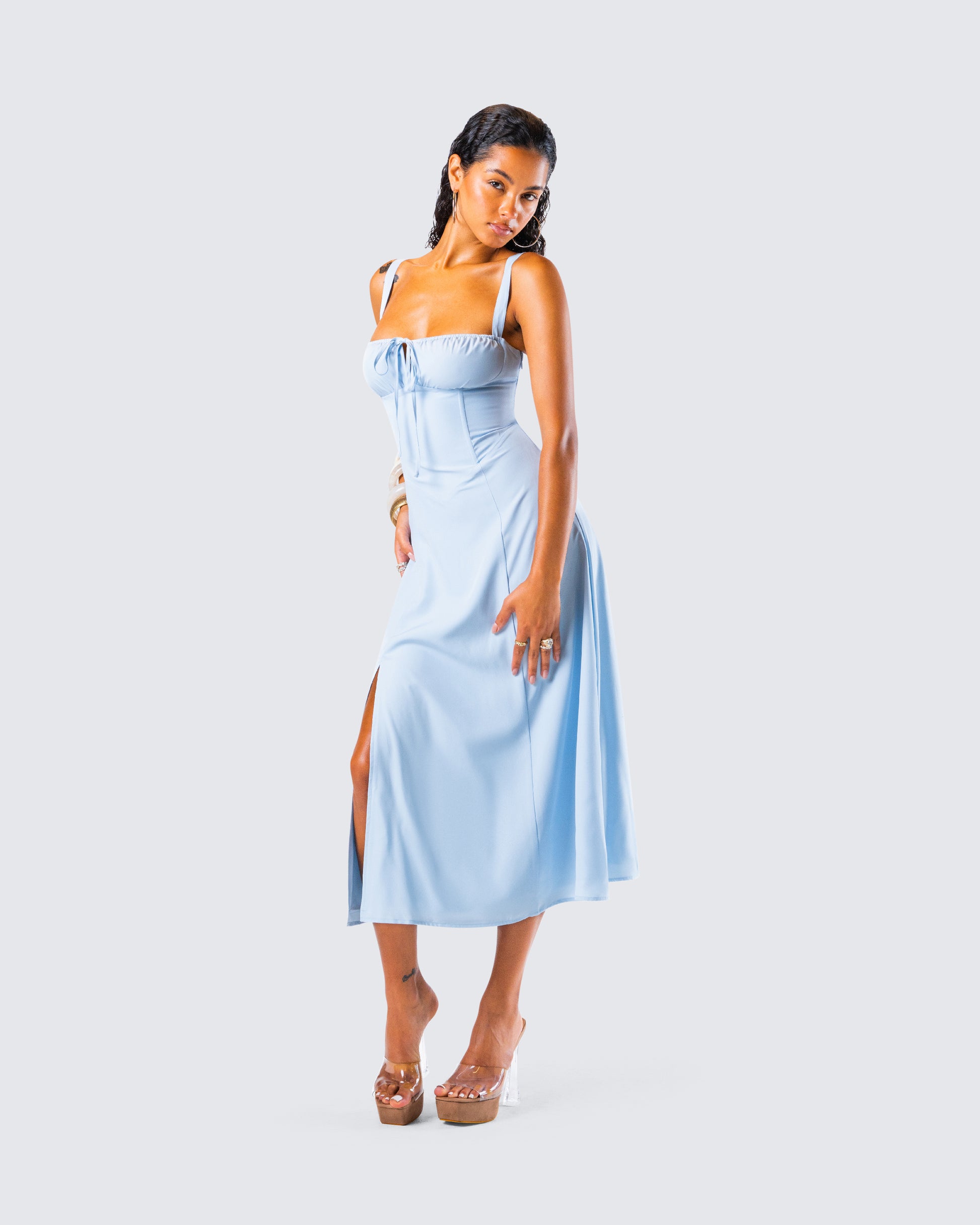 Blue Satin Midi Dress - Corset Bustier A-Line FINESSE Blue Satin Midi Dress - Corset Bustier A-Line FINESSE