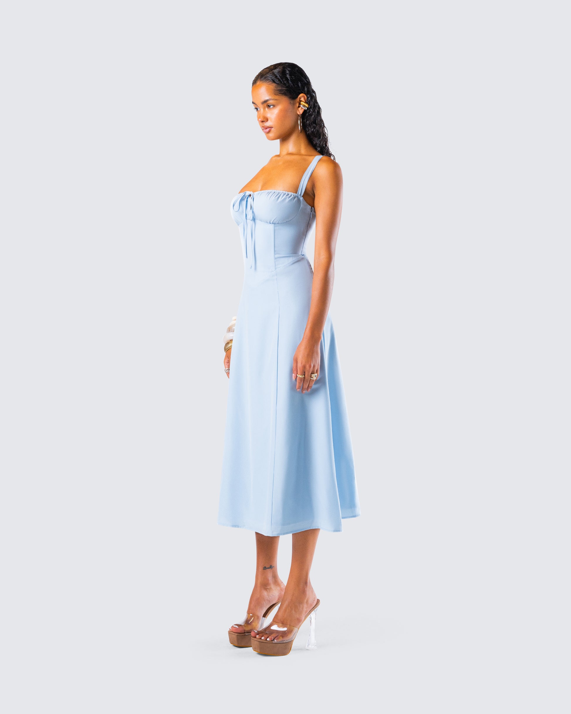 Blue Satin Midi Dress - Corset Bustier A-Line FINESSE Blue Satin Midi Dress - Corset Bustier A-Line FINESSE