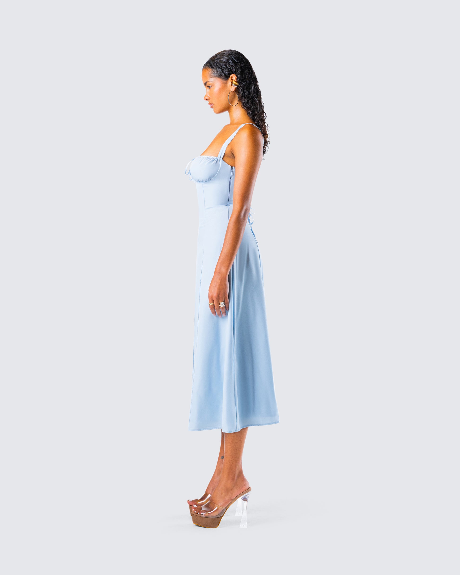 Blue Satin Midi Dress - Corset Bustier A-Line FINESSE Blue Satin Midi Dress - Corset Bustier A-Line FINESSE