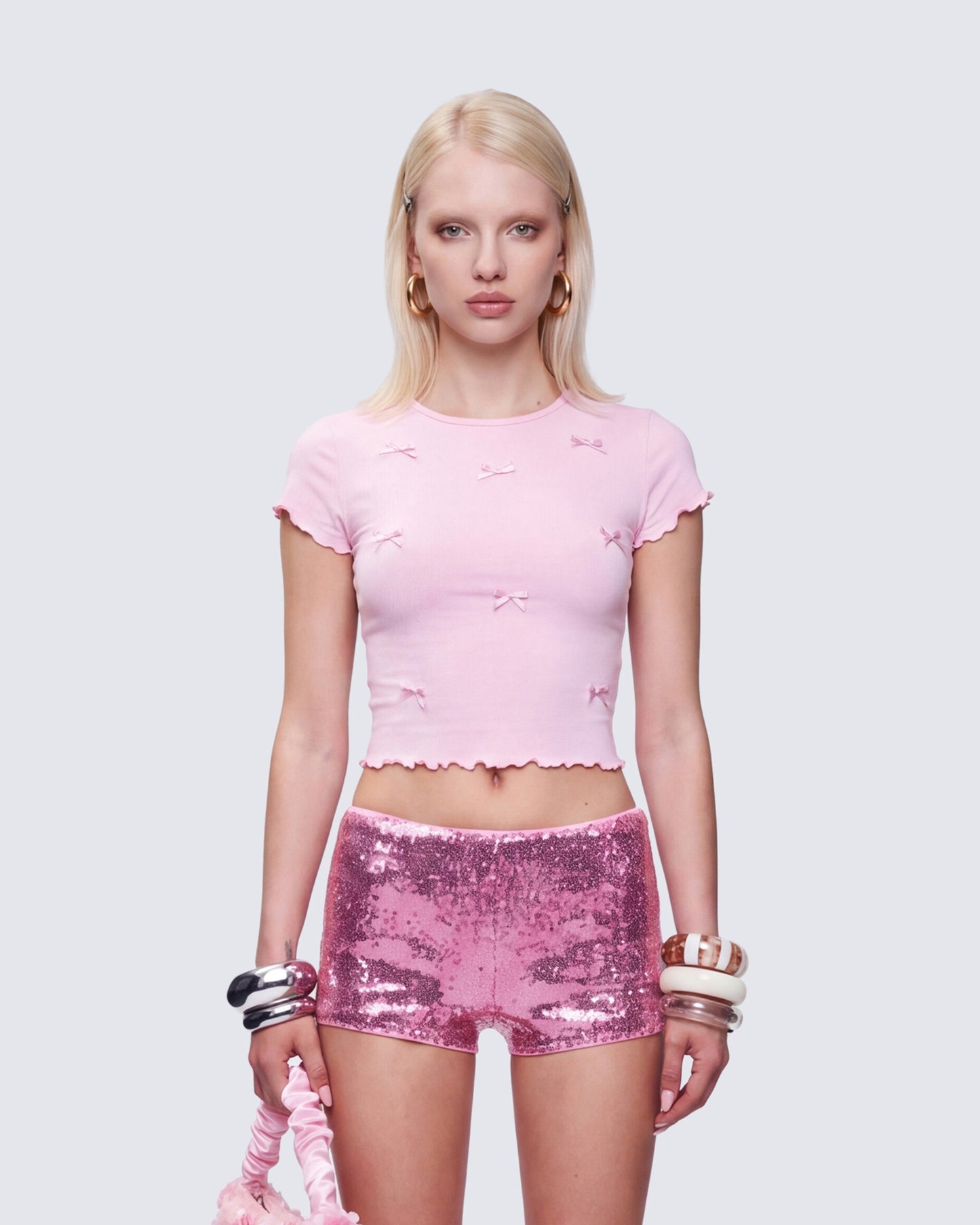 Hila Pink Bow Trimmed Tee model front
