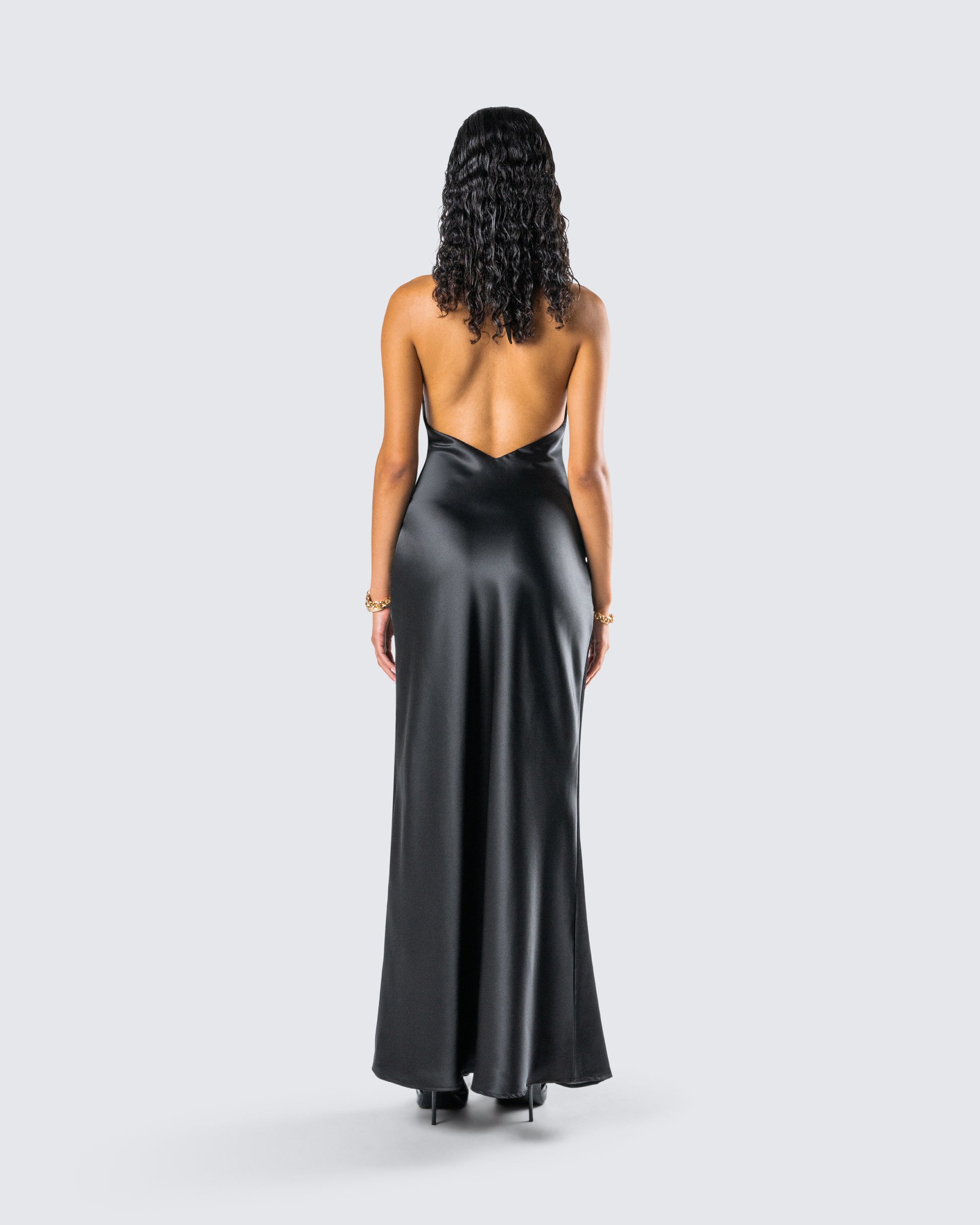 Black Satin Halter Maxi Dress - Cowl Neck Evening Gown FINESSE Black Satin Halter Maxi Dress - Cowl Neck Evening Gown FINESSE