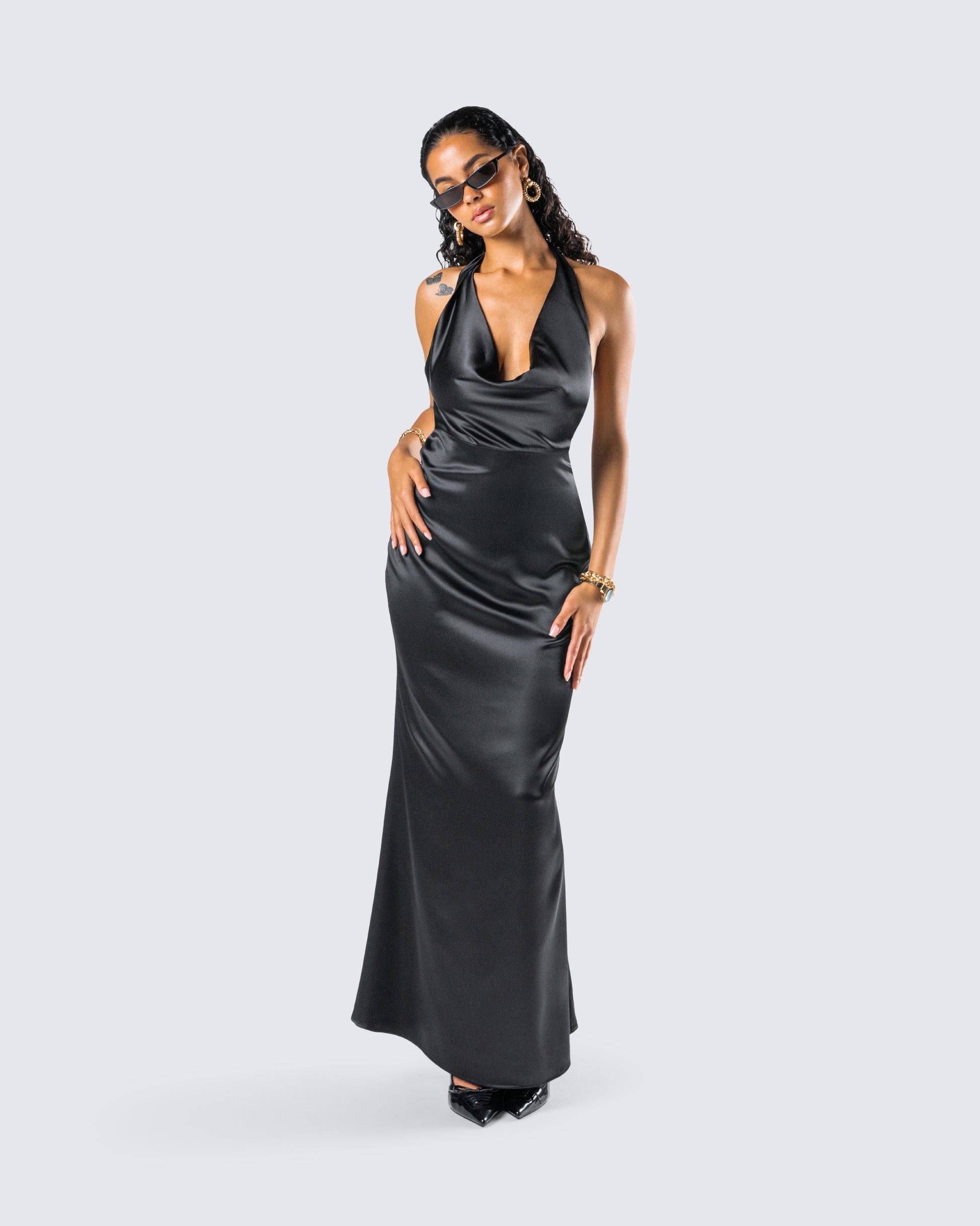 Black Satin Halter Maxi Dress - Cowl Neck Evening Gown FINESSE Black Satin Halter Maxi Dress - Cowl Neck Evening Gown FINESSE