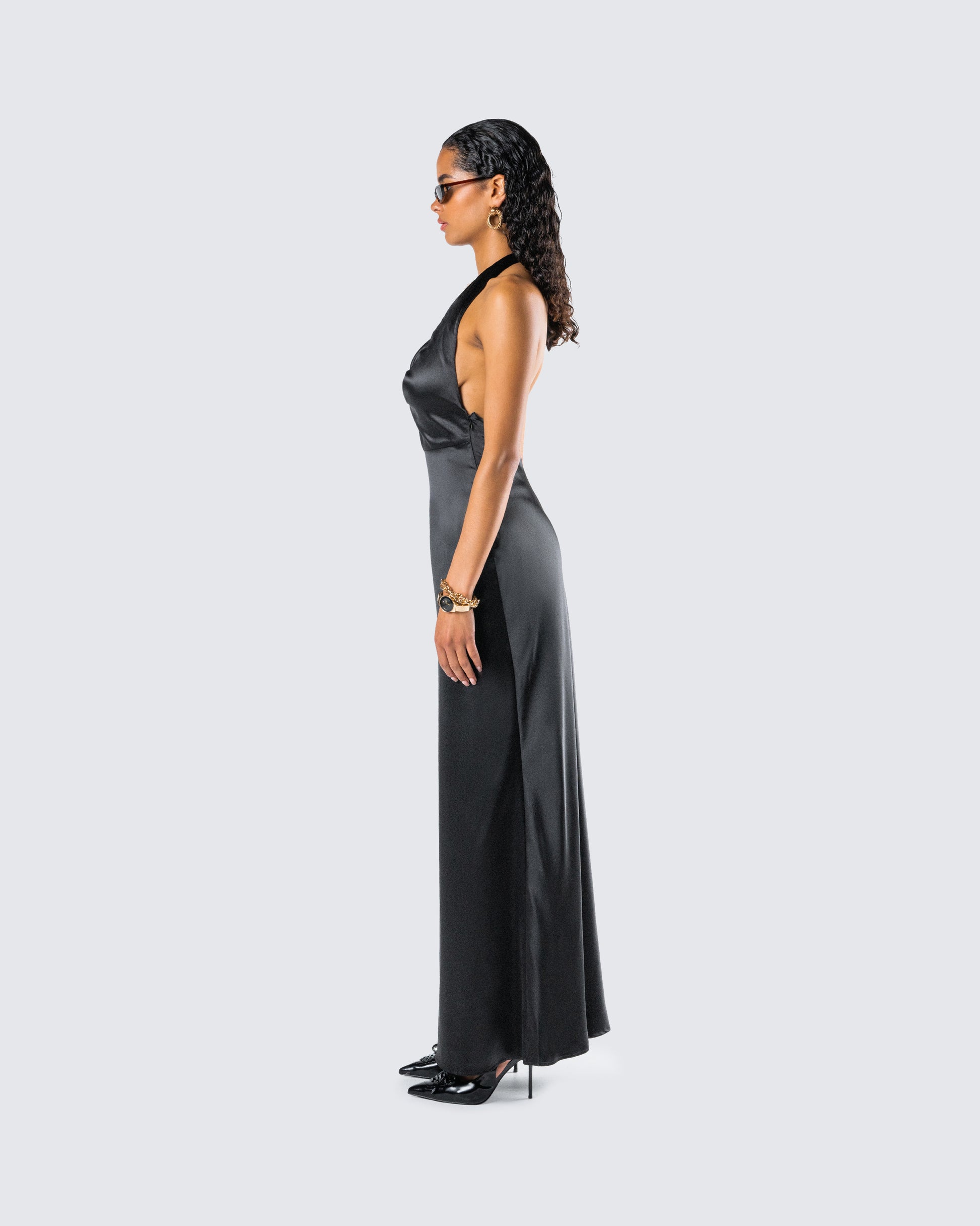 Black Satin Halter Maxi Dress - Cowl Neck Evening Gown FINESSE Black Satin Halter Maxi Dress - Cowl Neck Evening Gown FINESSE