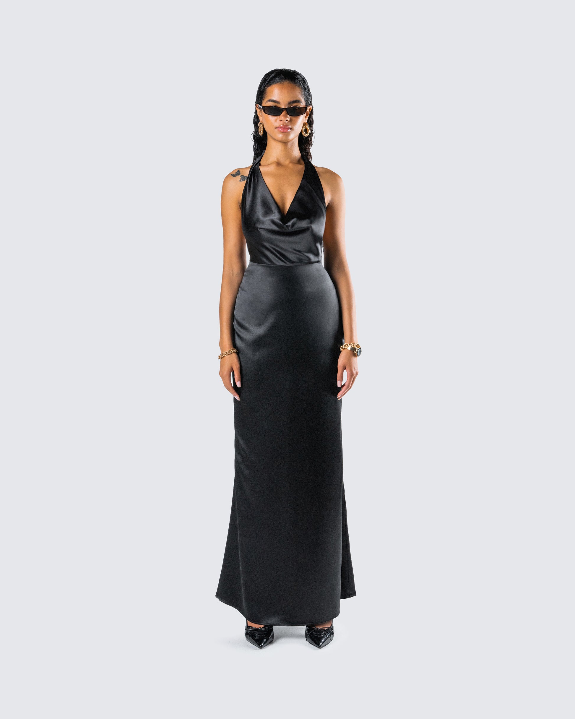 Black Satin Halter Maxi Dress - Cowl Neck Evening Gown FINESSE Black Satin Halter Maxi Dress - Cowl Neck Evening Gown FINESSE