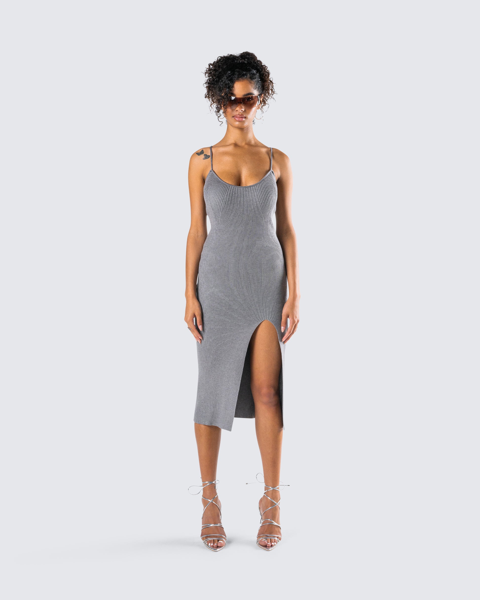Grey Ribbed Sweater Dress - Bodycon Midi Slit FINESSE Grey Ribbed Sweater Dress - Bodycon Midi Slit FINESSE