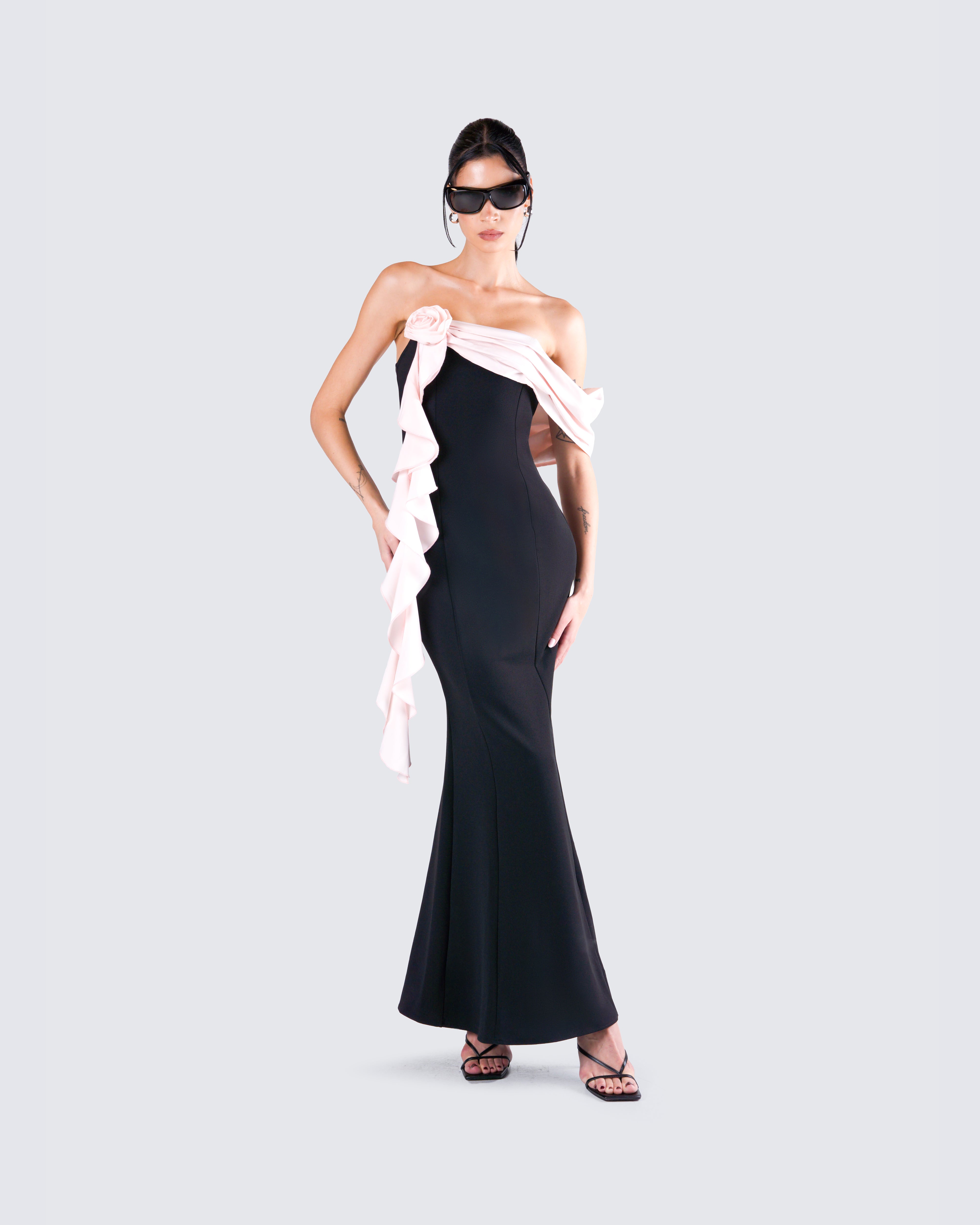 Ishita Black Draped Maxi Dress – FINESSE