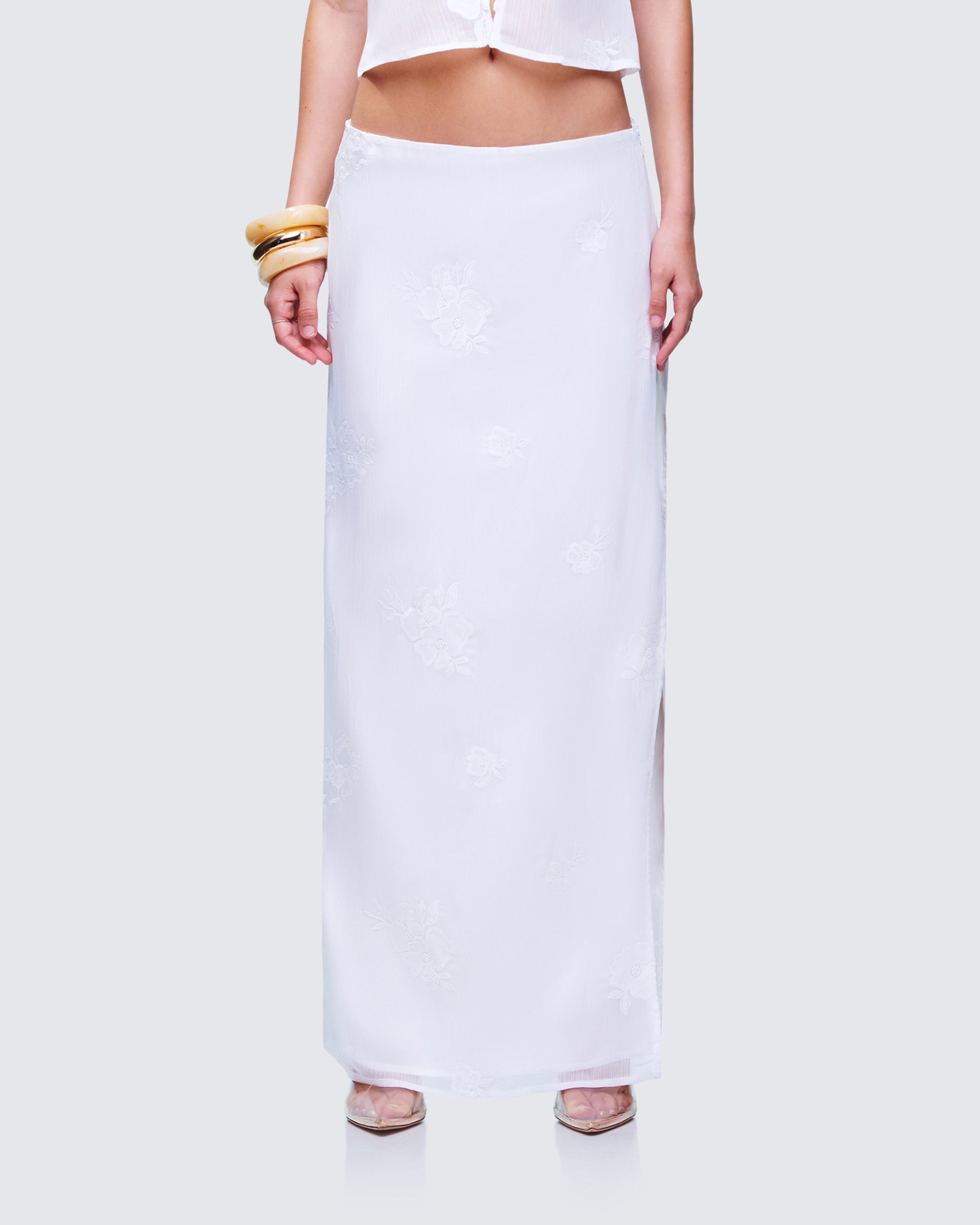 Isla Ivory Embroidered Maxi Skirt model front