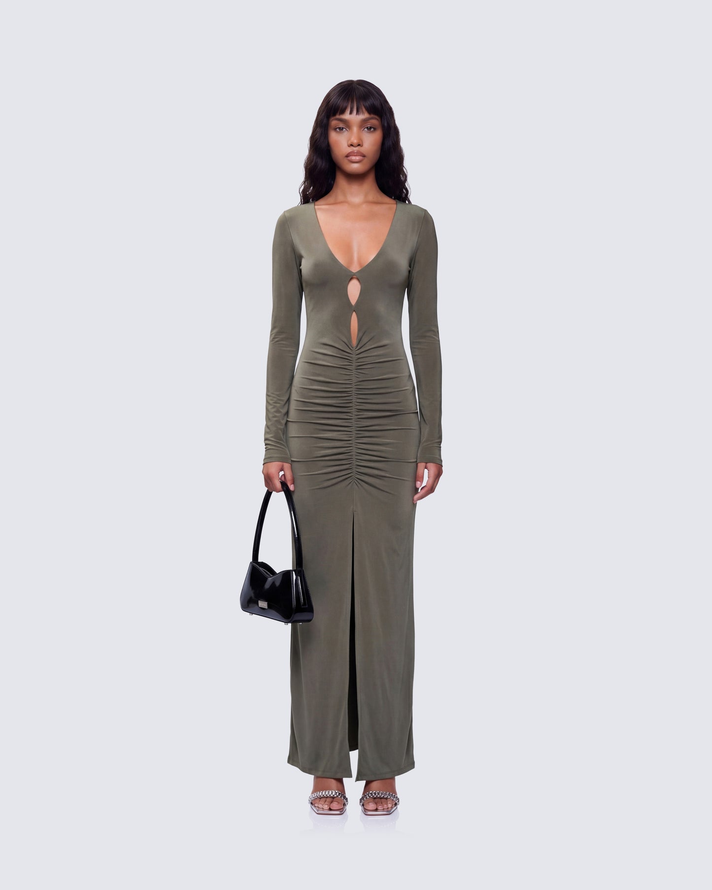Isley Green Cut Out Ruched Maxi Dress model front