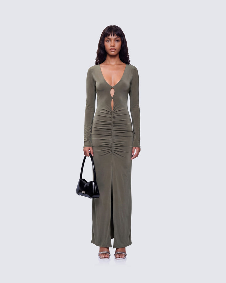 Isley Green Cut Out Ruched Maxi Dress model front