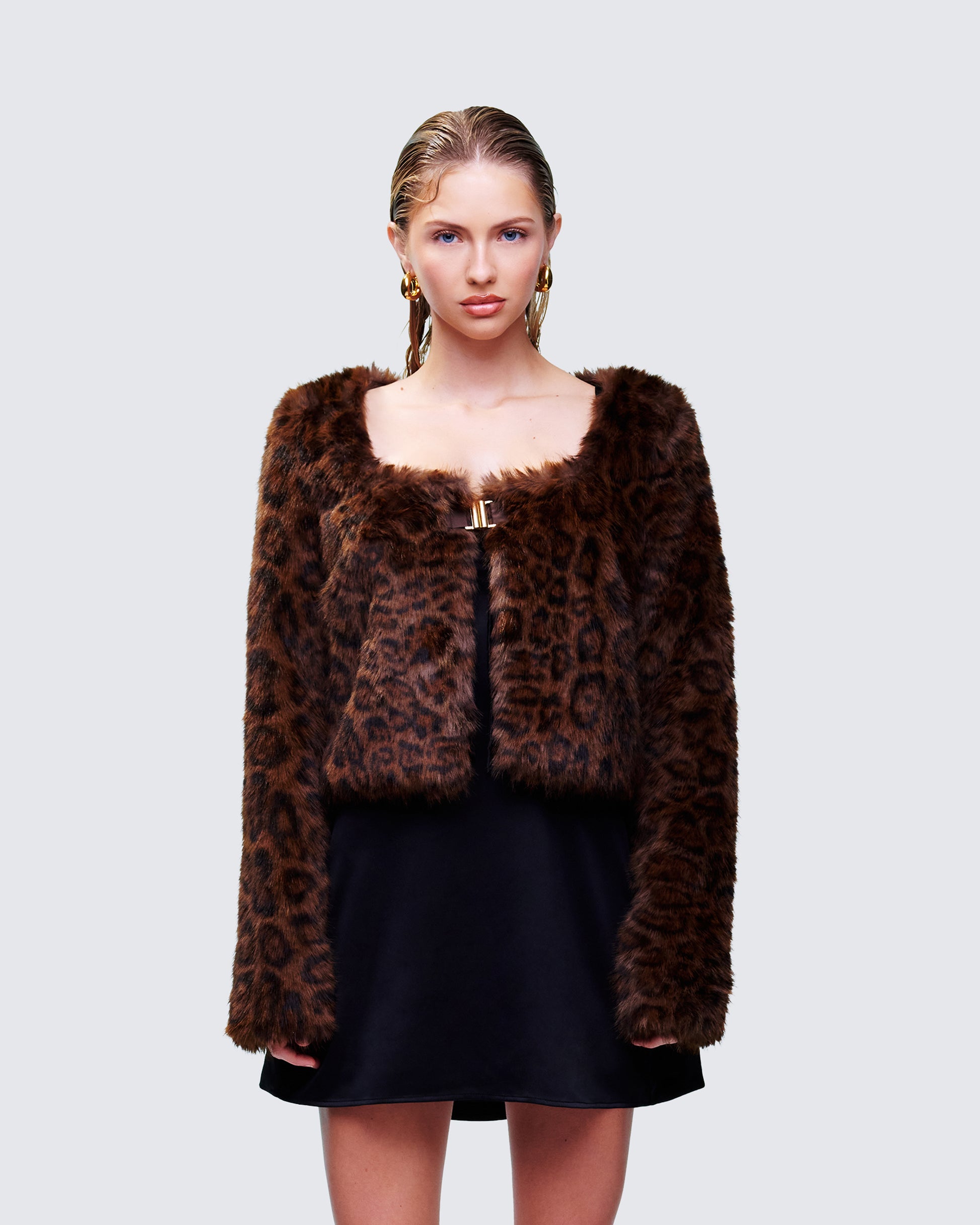 Isola Brown Faux Fur Cropped Jacket model front