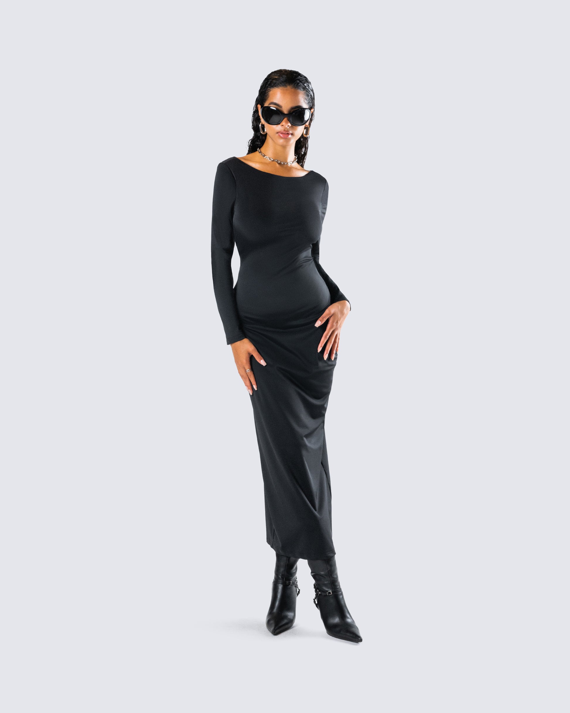 Black Long Sleeve Bodycon Maxi Dress - Backless FINESSE Black Long Sleeve Bodycon Maxi Dress - Backless FINESSE