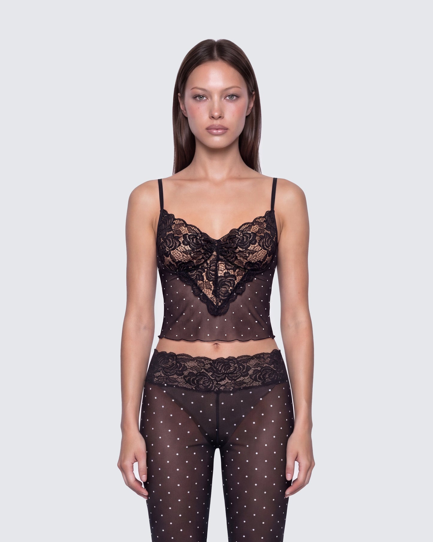 Inaya Multi Mesh Polka Lace Edge Cami Top model front