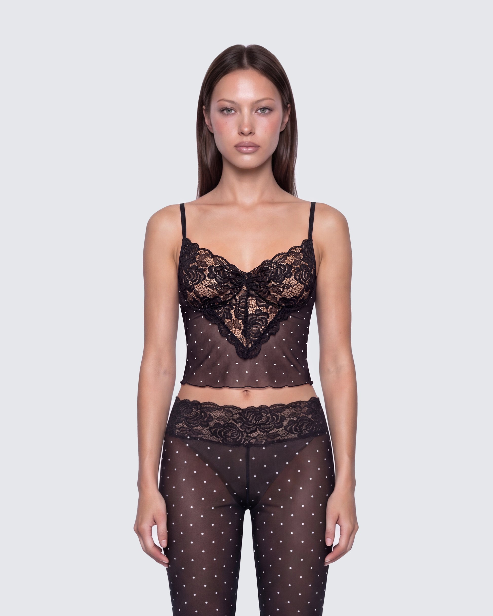 Inaya Multi Mesh Polka Lace Edge Cami Top model front