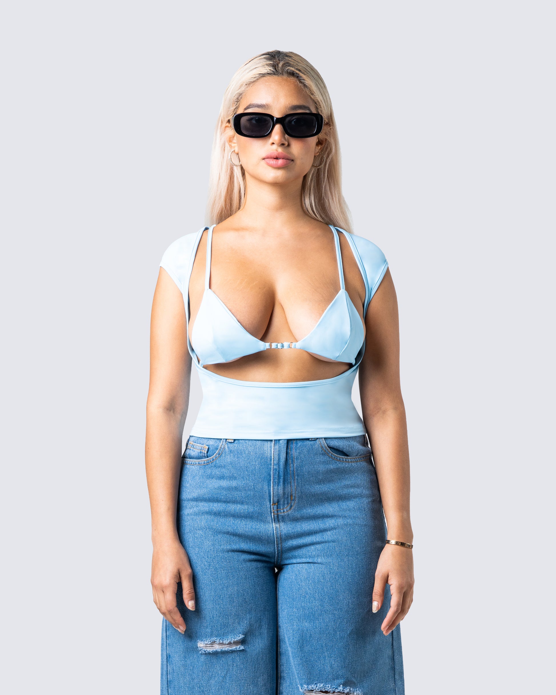 Indie Baby Blue Jersey Cut Out Top