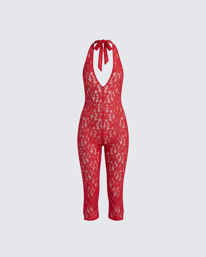 Isabel Red Lace Capri Jumpsuit
