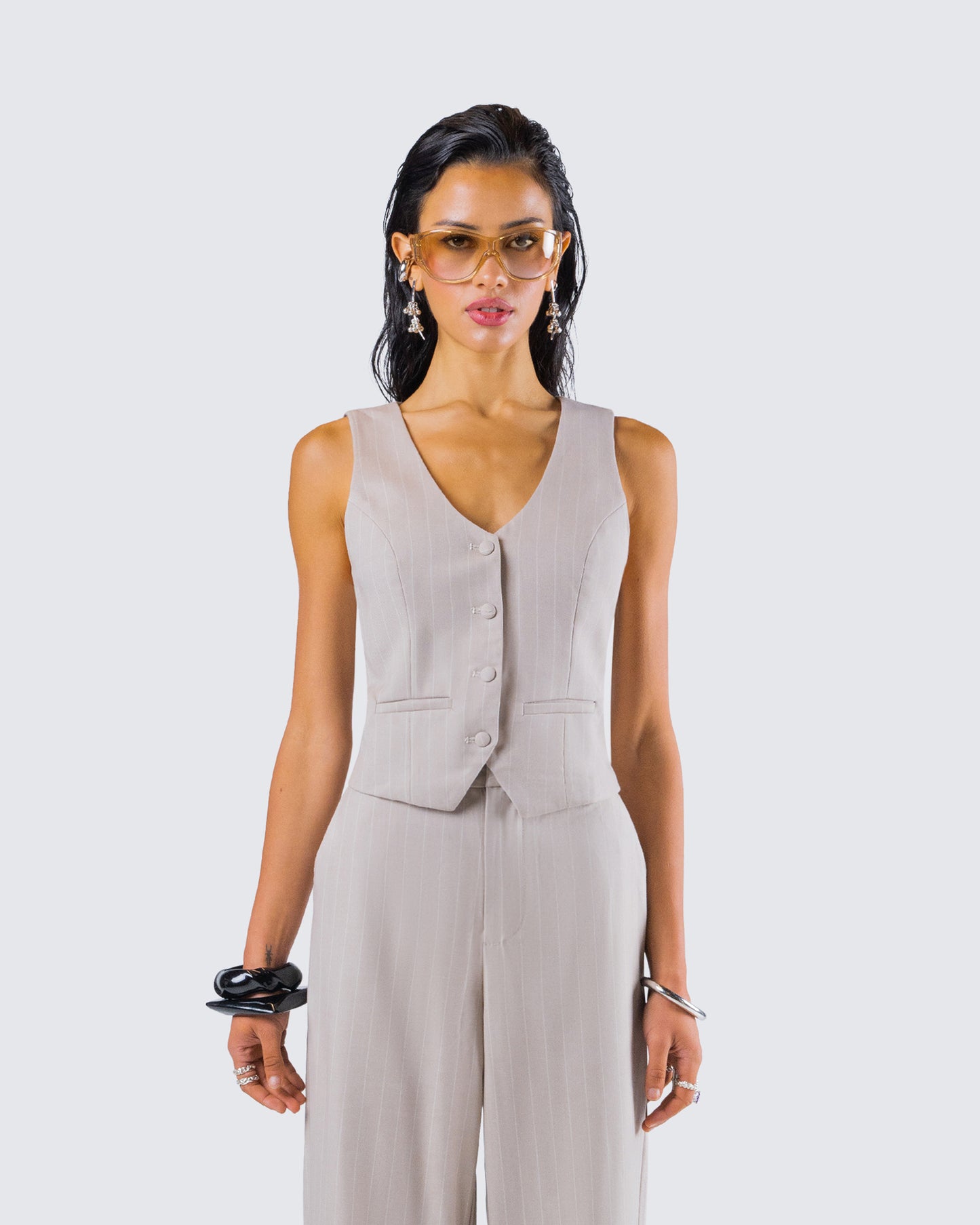 Jaelyn Beige Pinstripe Vest