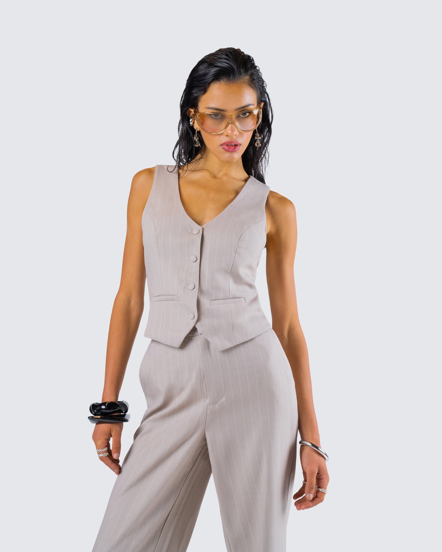 Jaelyn Beige Pinstripe Vest