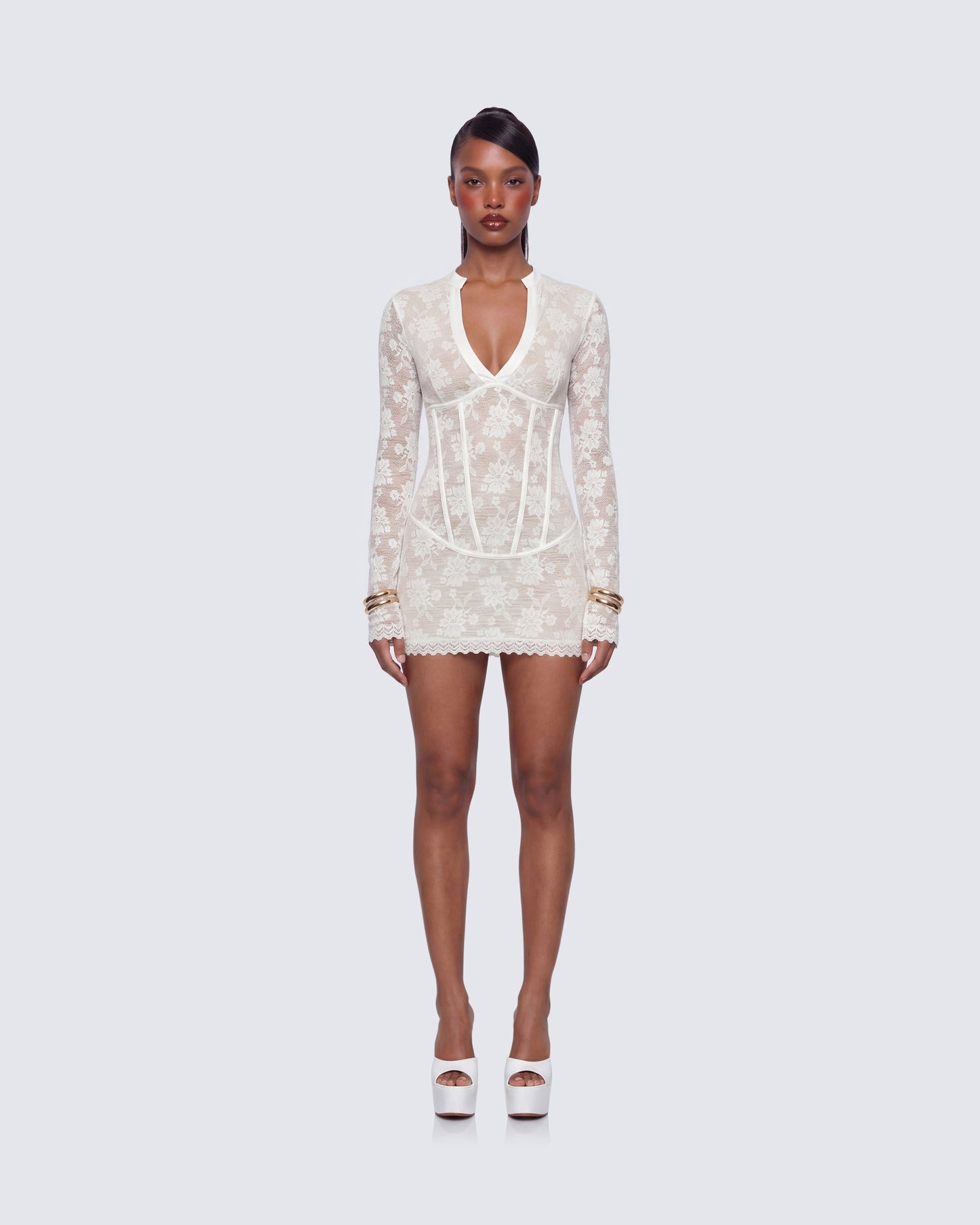 Janie White Lace Sheer Corset Waist Dress model front