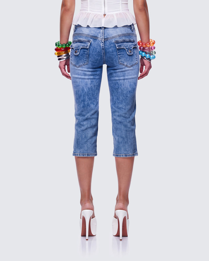 Jasmine Blue Denim Diamond Patch Capris
