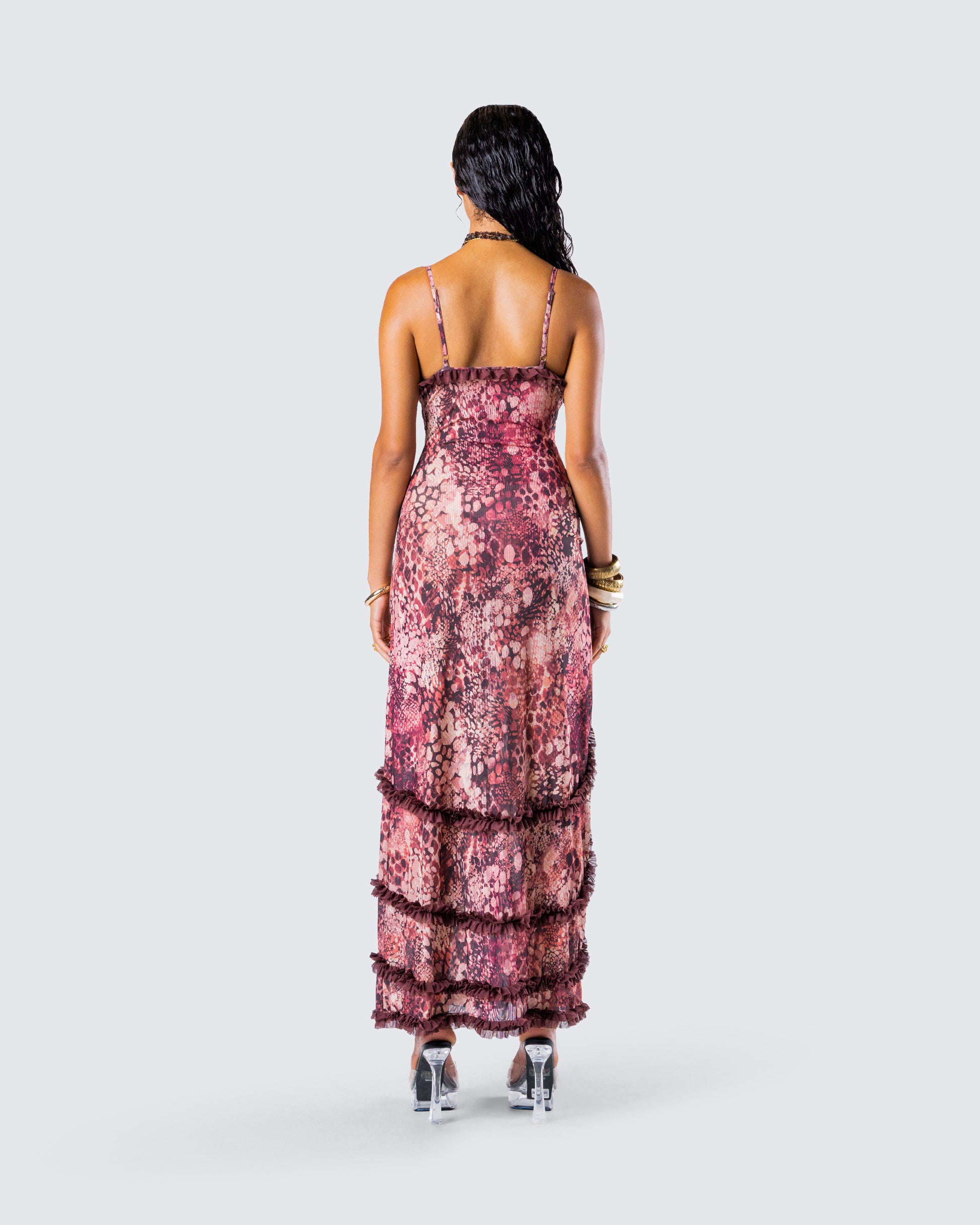 Pink Tie Dye Maxi Dress - Cutout Ruffle Trim Slip FINESSE Pink Tie Dye Maxi Dress - Cutout Ruffle Trim Slip FINESSE