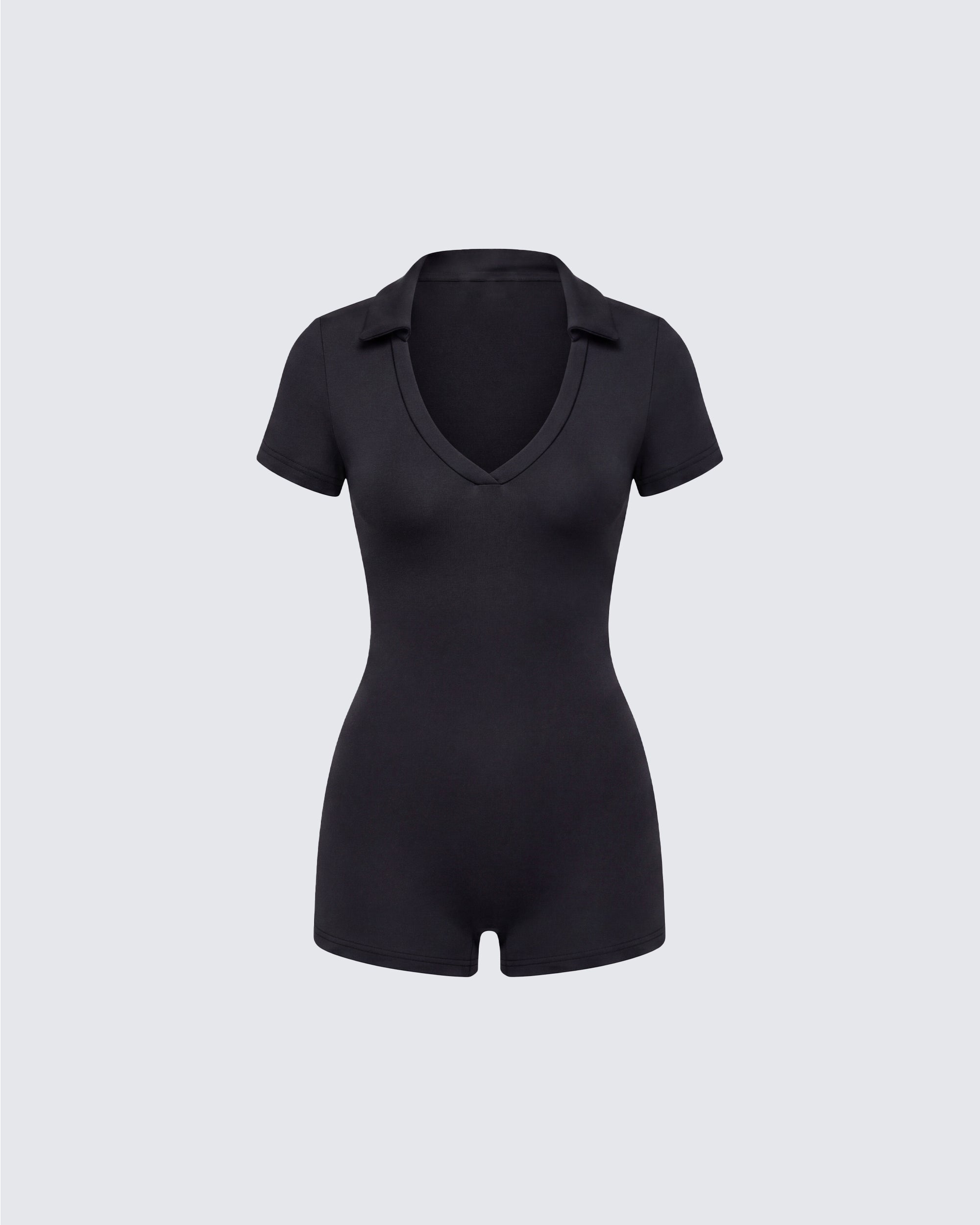 Black Knit Romper - V-Neck Collar Short Sleeve – FINESSE