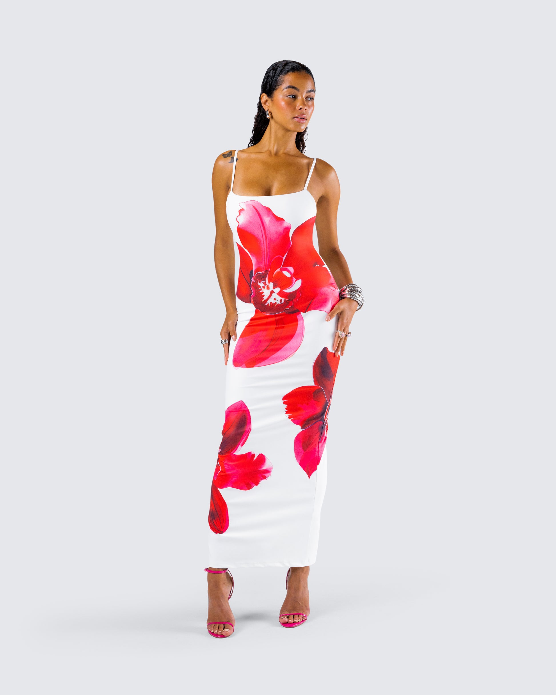 Red Floral Maxi Dress - Spaghetti Strap Bodycon FINESSE Red Floral Maxi Dress - Spaghetti Strap Bodycon FINESSE