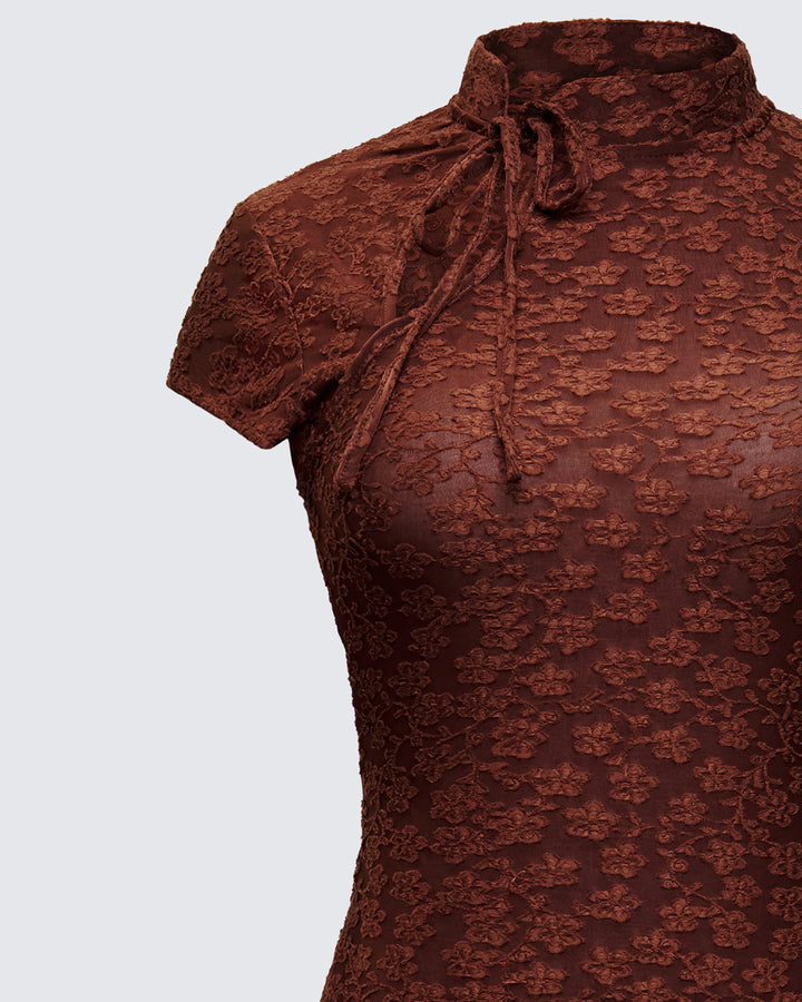 Jeselle Brown Jacquard Ruffle Hem Mini Dress