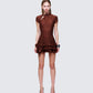 Jeselle Brown Jacquard Ruffle Hem Mini Dress model front