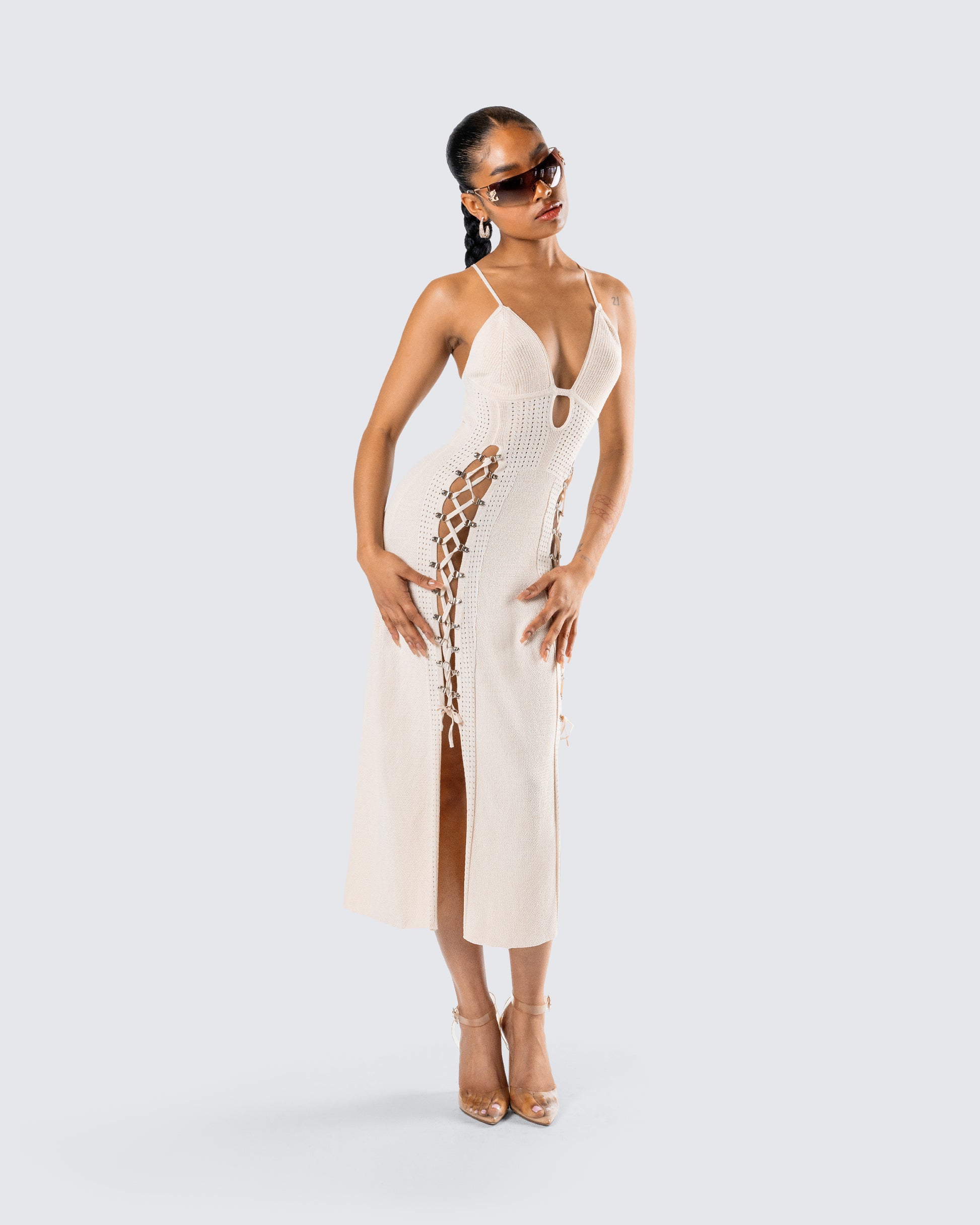 Ivory Crochet Midi Dress - Lace-Up Halter Vacation FINESSE Ivory Crochet Midi Dress - Lace-Up Halter Vacation FINESSE