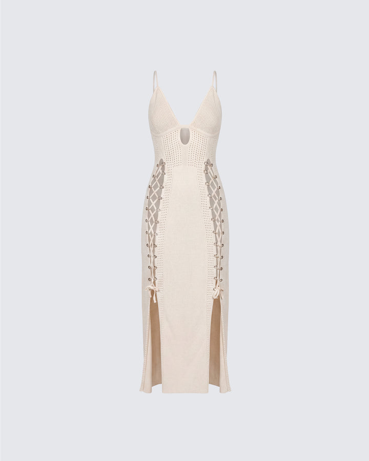 Jing Ivory Crochet Knit Midi Dress