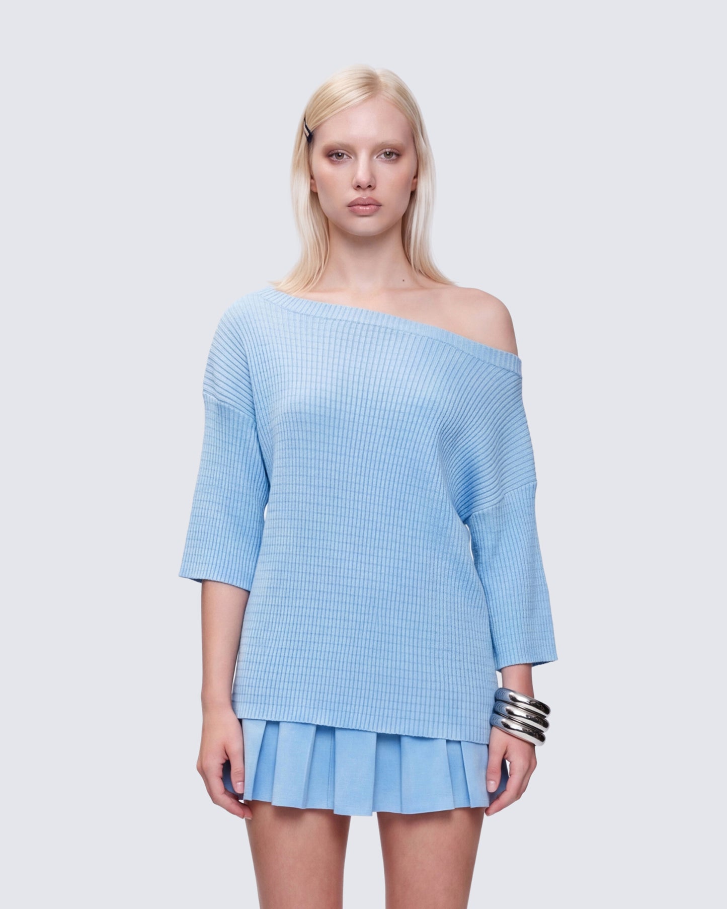 Jodia Blue Rib Slouch Shoulder Knitted Top model front