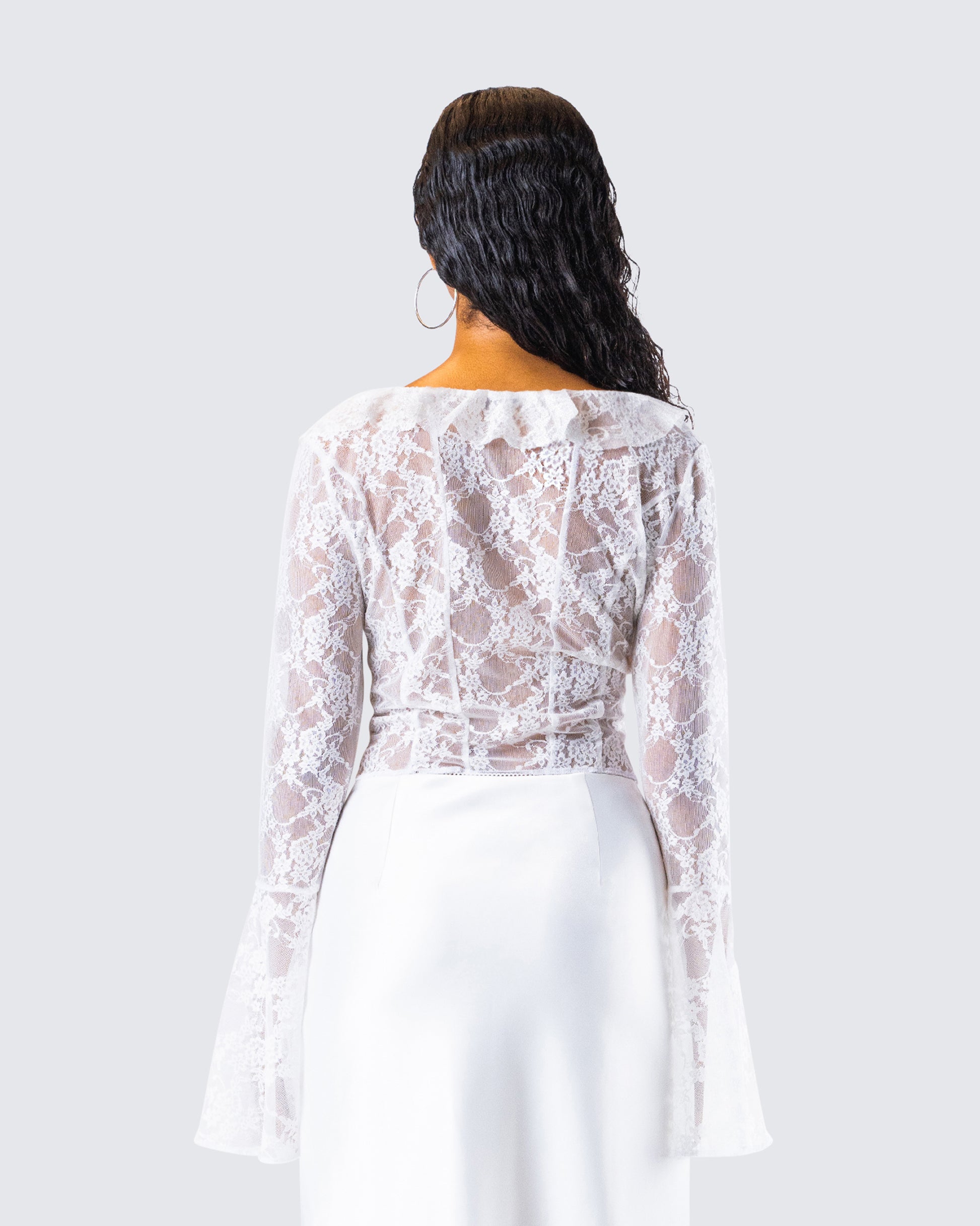 White Lace Crop Top - Corset Bell Sleeve Romantic FINESSE White Lace Crop Top - Corset Bell Sleeve Romantic FINESSE