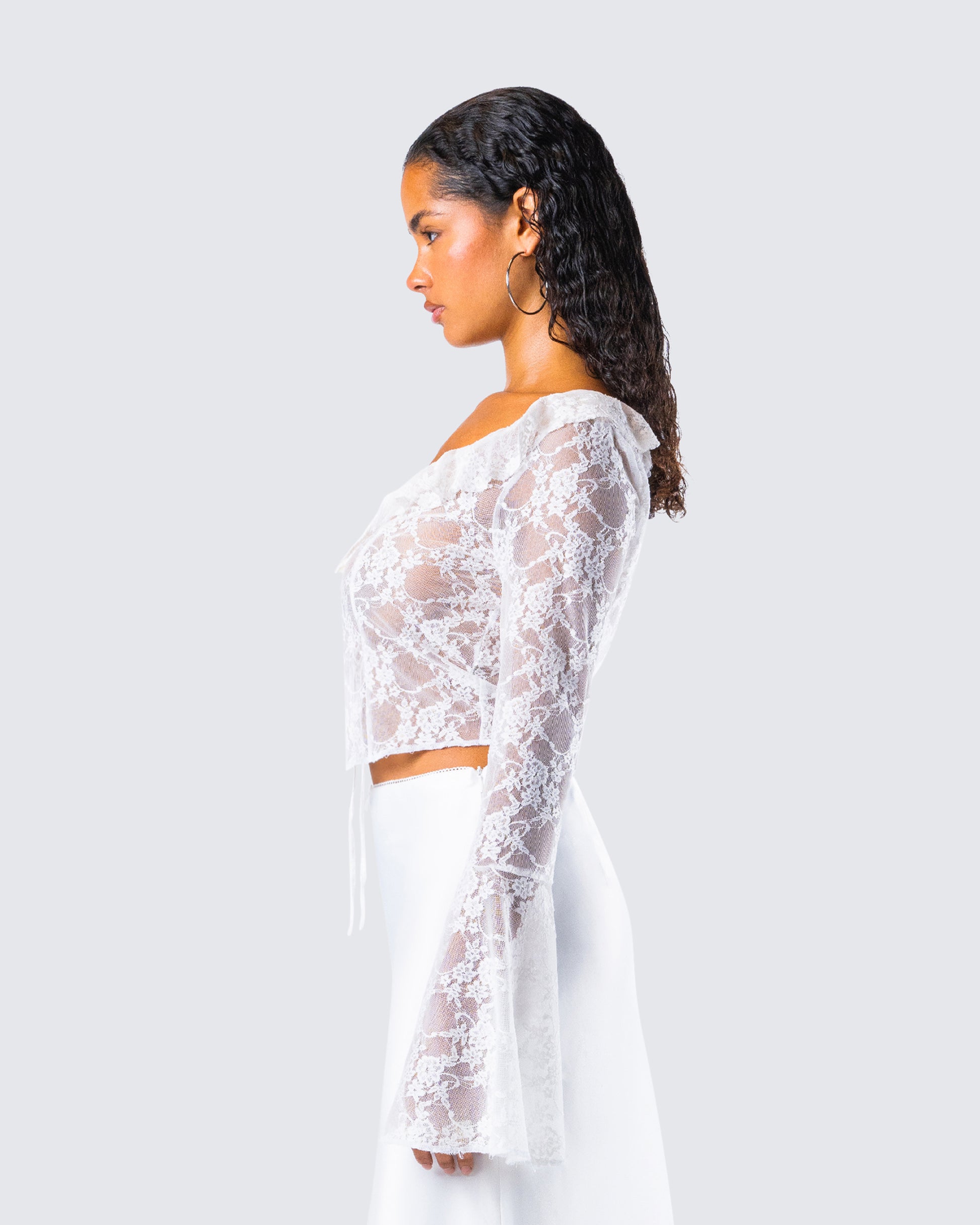 White Lace Crop Top - Corset Bell Sleeve Romantic FINESSE White Lace Crop Top - Corset Bell Sleeve Romantic FINESSE