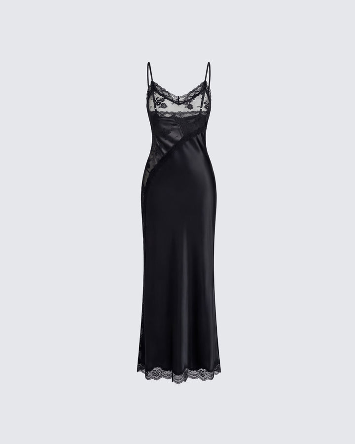 June Black Lace Satin Mix Maxi Dress product front